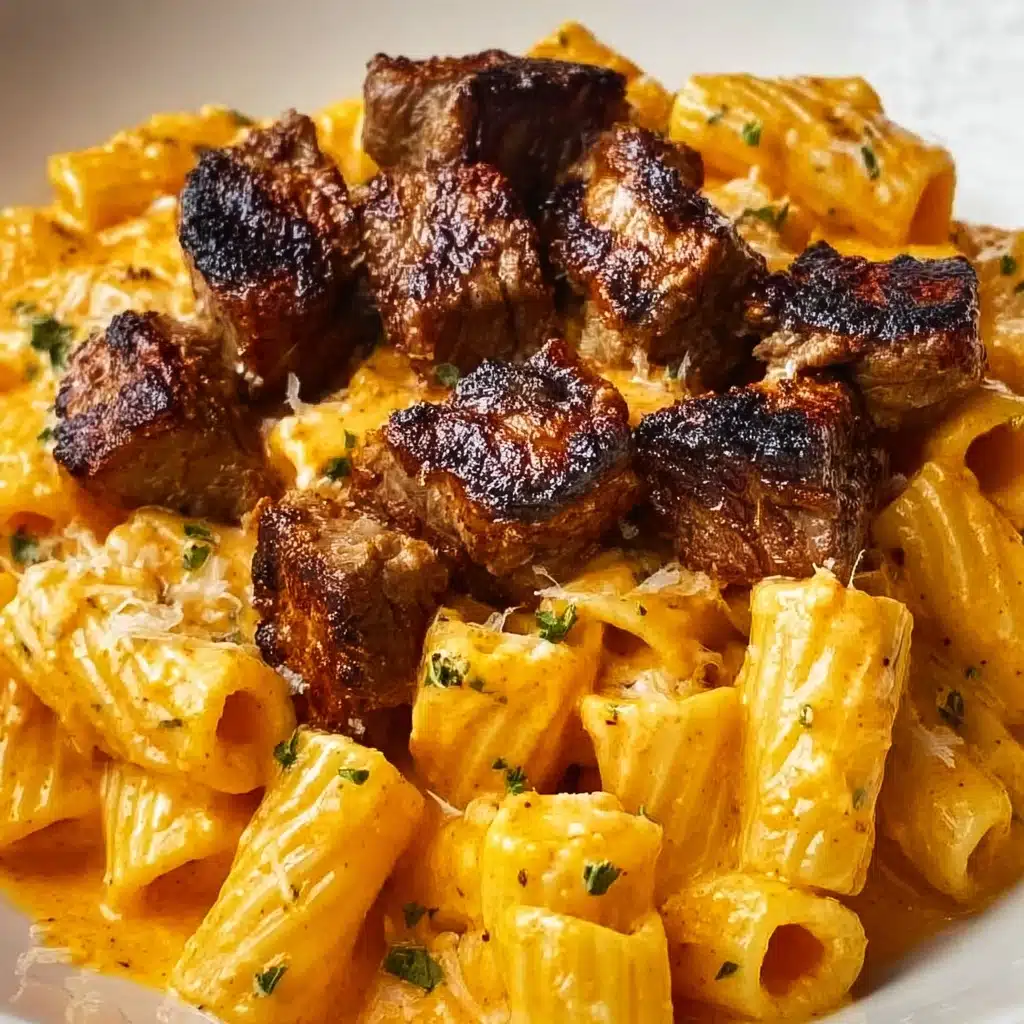 Cajun Steak Tips in Cheesy Rigatoni Parmesan Sauce Recipe - Recipe Image