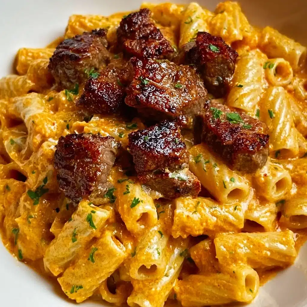 Cajun Steak Tips in Cheesy Rigatoni Parmesan Sauce Recipe - Recipe Image
