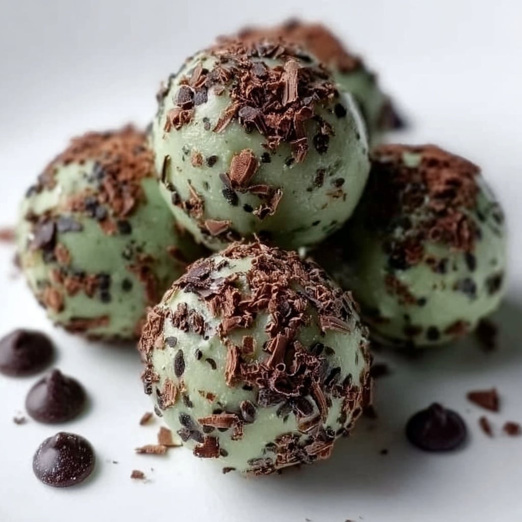 The image shows five round green mint chocolate truffles, each covered with small dark chocolate chips and brown nut flakes scattered on top. The truffles have a smooth texture and are placed close together on a white marbled surface. Around the truffles, there are more dark chocolate chips spread out randomly. The lighting highlights the shiny and slightly glossy surface of the truffles, giving them a fresh and delicious look. Photo taken with an iphone --ar 4:5 --v 7