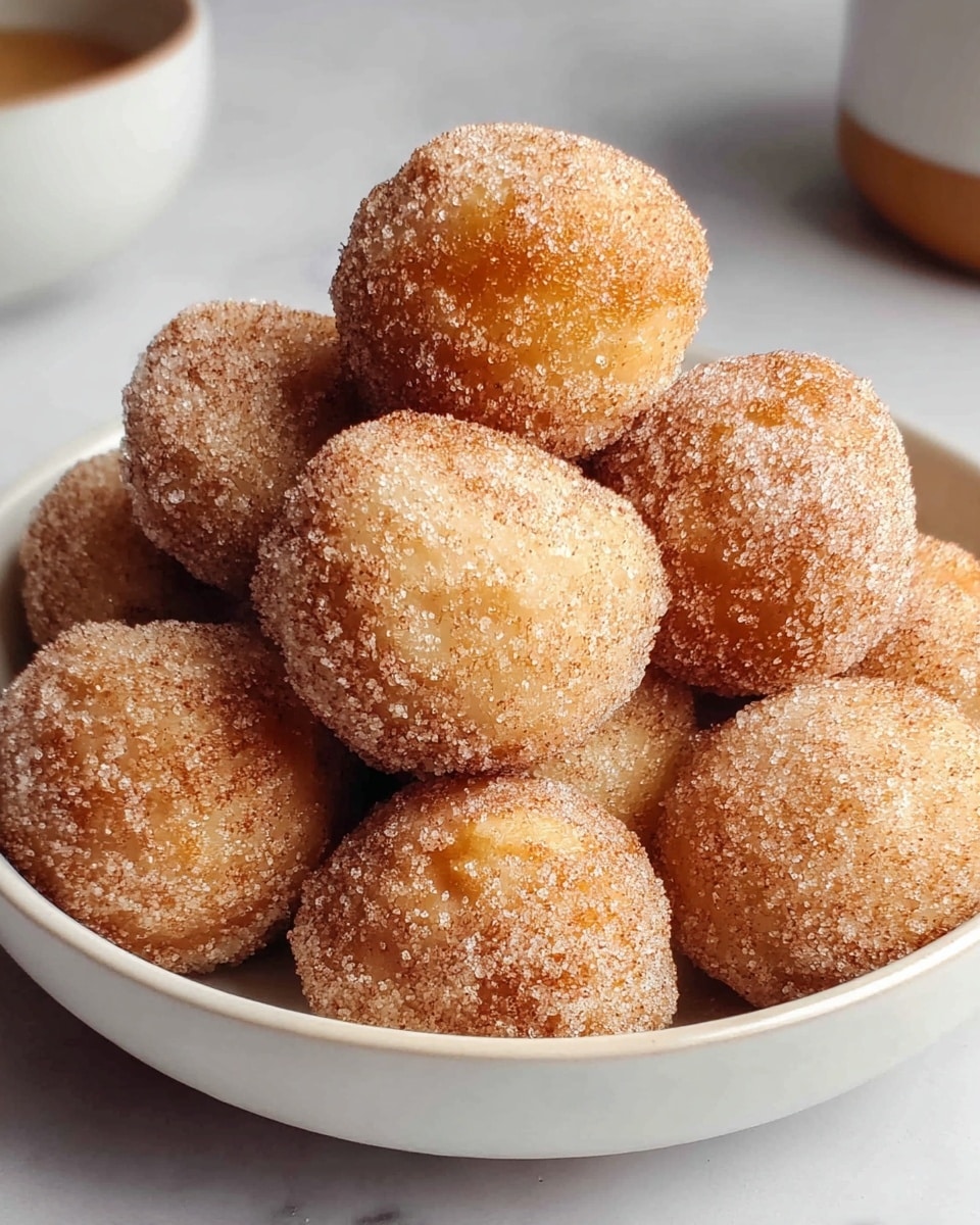 A white bowl filled with about a dozen round doughnut holes, each coated evenly with a layer of cinnamon sugar giving them a light brown and speckled texture. The balls are stacked slightly on top of each other, showing their fluffy and soft surface dusted well with the granulated cinnamon sugar. The bowl sits on a white marbled surface with soft daylight illuminating the warm tones of the doughnut holes. Photo taken with an iphone --ar 4:5 --v 7