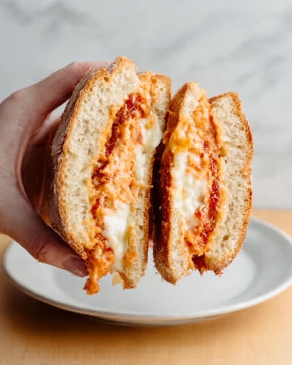 The image shows a sandwich cut in half, held by a woman's hand. The sandwich has three layers: the bottom and top layers are thick, soft-looking light brown bread, slightly crusty outside. The middle has two layers of filling – the bottom filling is melted white cheese, smooth and gooey, and above that is a layer of chunky reddish-orange sauce with bits of tomato or meat. The two halves are placed on a white plate, against a white marbled surface. Photo taken with an iphone --ar 4:5 --v 7