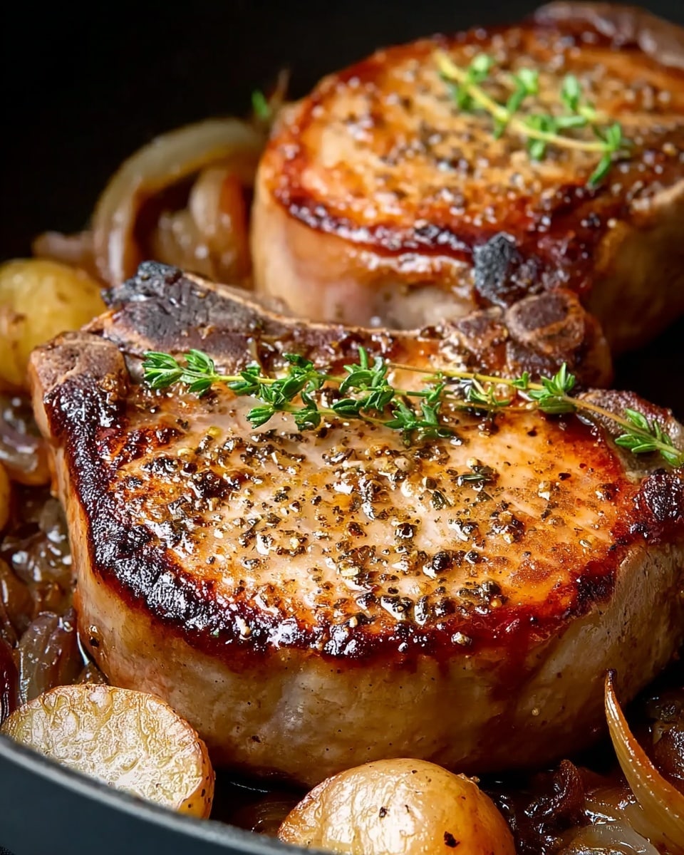 Two thick pork chops with golden brown, slightly charred edges sit close together in a pan. The top pork chop shows a sprig of fresh green thyme resting on its shiny, pepper-speckled surface. Below and around the meat, caramelized onion slices with soft golden and translucent textures are scattered, along with some small round potato slices that have a light golden browning on their edges. The background is a subtle dark area that softly contrasts with the food. photo taken with an iphone --ar 4:5 --v 7