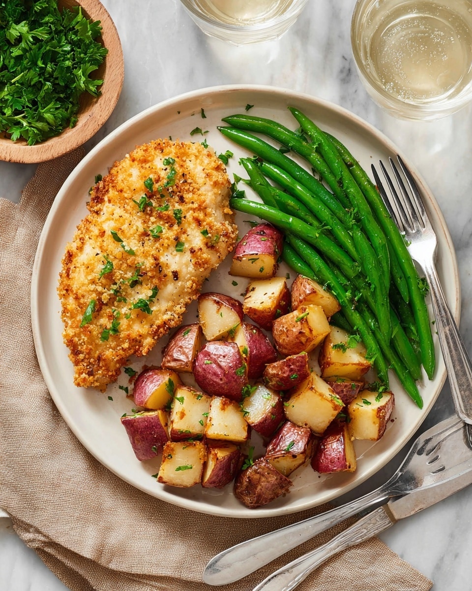 A white round plate holds three main parts: on the left, a golden-brown breaded chicken breast with a crispy crumb layer on top, sprinkled lightly with green herbs; to the right of the chicken, there are roasted potatoes cut into medium chunks with browned edges and some green herb pieces; below the chicken and potatoes, a neat pile of vibrant green beans with a slight sheen from seasoning or oil, all resting on a white marbled surface. A silver fork and knife with simple engraved handles are placed on the right edge of the plate. Nearby to the top right, a clear glass of water and a small white bowl with fresh green parsley are visible. Photo taken with an iphone --ar 4:5 --v 7