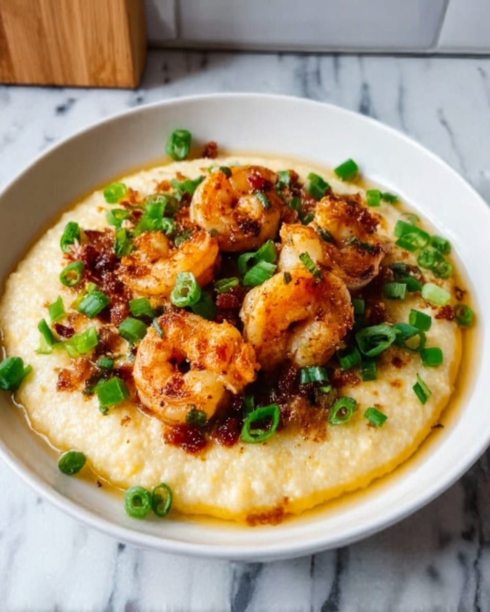 The dish shows a round white plate with a gray rim, placed on a white marbled surface. At the bottom, there is a creamy light yellow layer of grits spread evenly across the plate. On top, there is a layer of small, dark brown and reddish cooked sausage pieces. The top layer has several large, golden-brown shrimp curled on the sausage, with some chopped green onions sprinkled around for color. The shrimp appear slightly crispy with a warm, shiny texture. In the background, there is a blurred green plant in a white pot. Photo taken with an iphone --ar 4:5 --v 7
