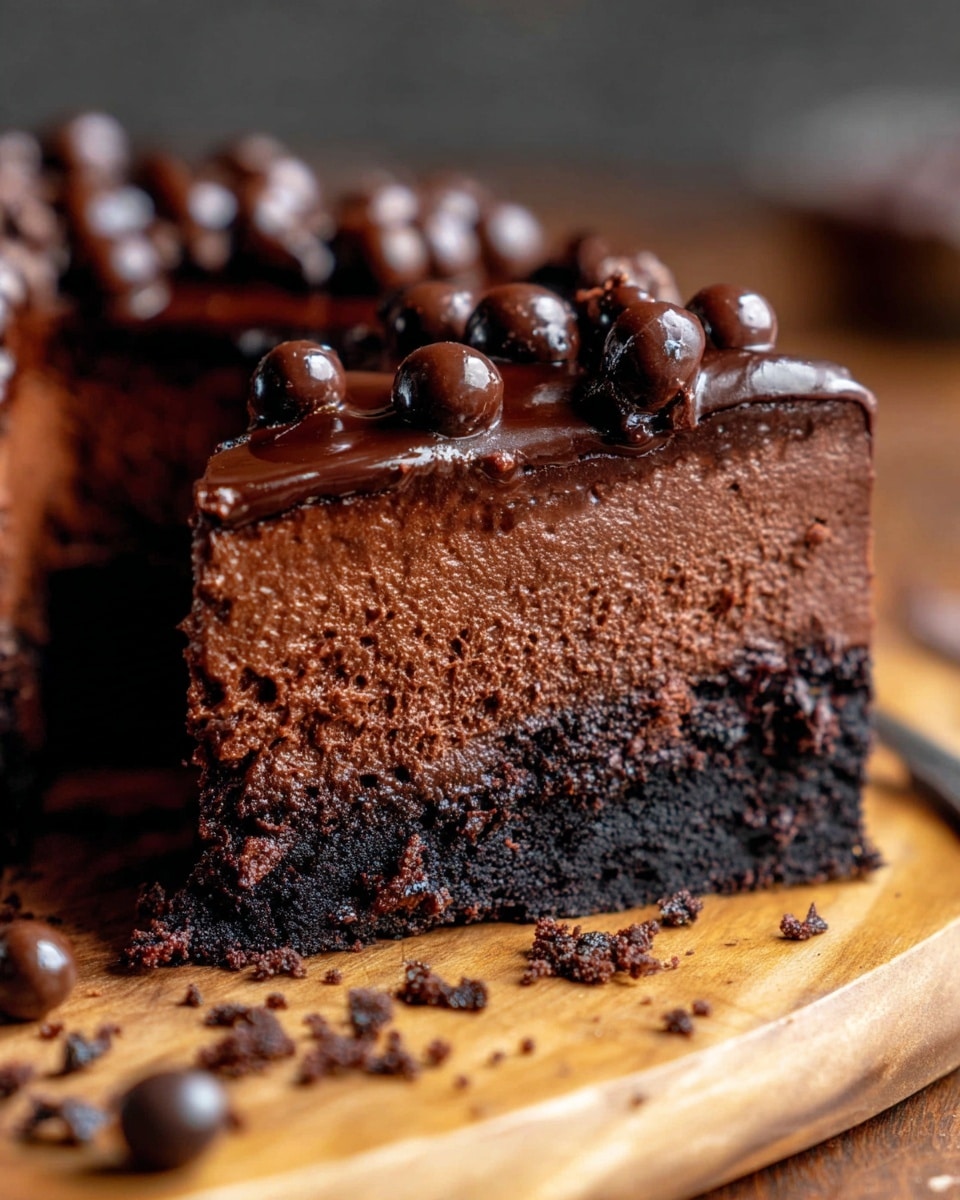 The image shows a close-up of a rich chocolate dessert with three layers. The bottom layer is a dark, crumbly base that looks like crushed cookies or cake. The middle layer is thick and smooth chocolate mousse, dark brown and creamy in texture. The top layer is a glossy, shiny chocolate ganache, decorated with small round chocolate balls scattered on top. A bite is taken out of the slice, showing the soft inside and the contrast between layers. The slice sits on a light wooden board with some crumbs and chocolate balls around it, all on a wooden table with a white marbled texture background. Photo taken with an iphone --ar 4:5 --v 7