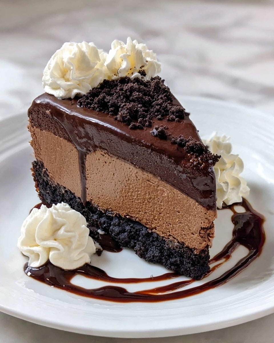 A slice of chocolate cake with three visible layers is placed on a white plate. The bottom layer is a dark, crumbly chocolate crust, above it is a thicker, smooth, and dense milk chocolate mousse layer, followed by a thinner, glossy dark chocolate ganache layer on top. Small chunks of chocolate garnish sit on the ganache. On each side of the cake slice, there is a small swirl of white whipped cream, and underneath the cake, a curved drizzle of shiny dark chocolate sauce forms an artistic shape. The plate rests on a white marbled surface. Photo taken with an iphone --ar 4:5 --v 7