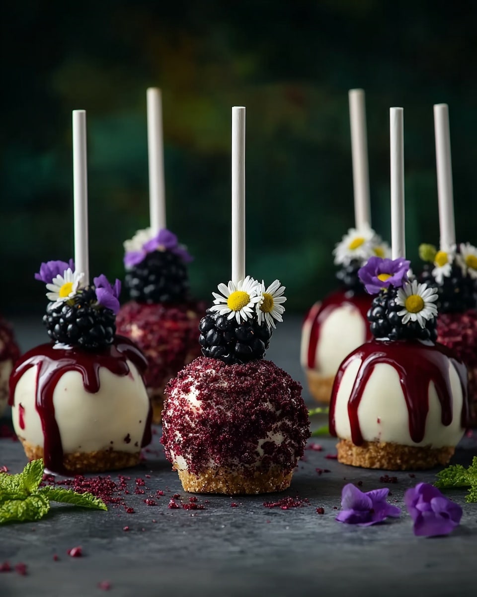 The image shows round cheesecake pops with white cream cheese centers on a light brown crumbly base. Some pops are coated in dark red berry crumbs, giving them a rough texture, while others are covered with shiny dark red berry sauce dripping down the sides. Each pop is topped with small blackberries and decorated with small white daisy or purple flowers. All pops have white sticks inserted from the top. They are placed on a dark surface with scattered small purple flower petals and green leaves, with a blurred dark green background. photo taken with an iphone --ar 4:5 --v 7