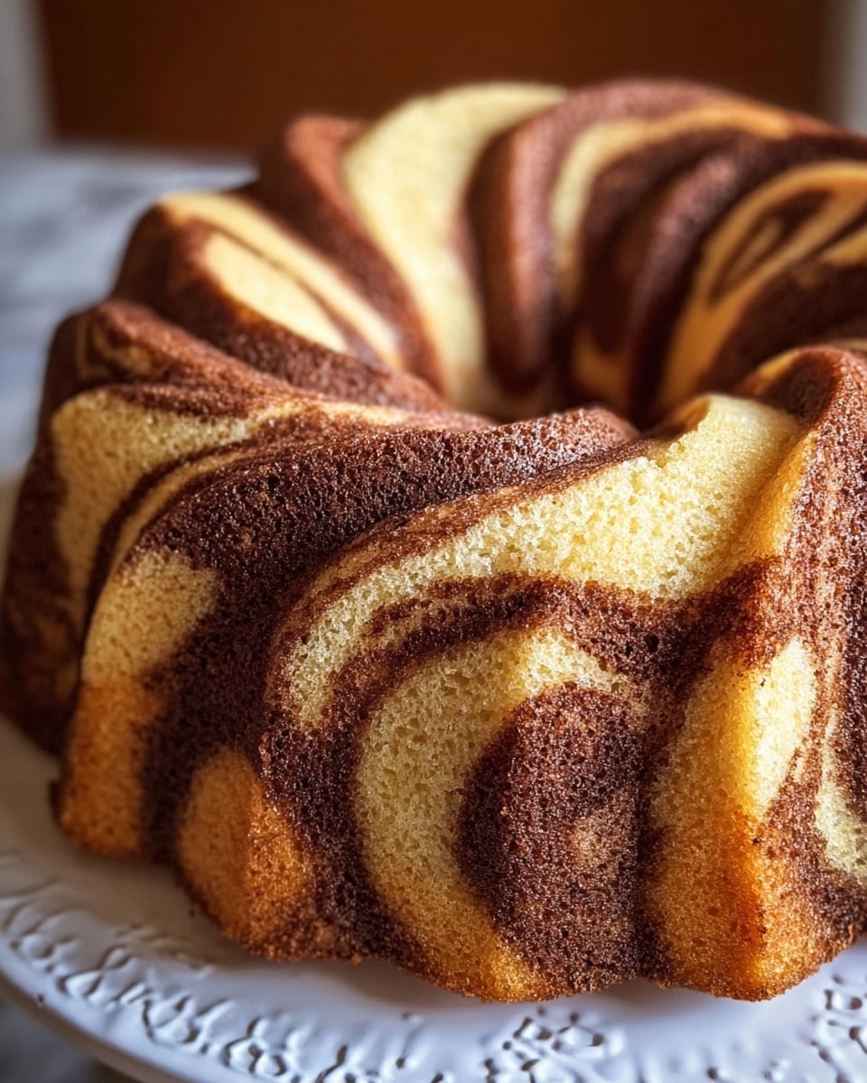 A close-up of a Bundt cake with a swirl pattern of two layers: a light golden yellow vanilla layer mixed evenly with a darker brown chocolate layer, creating a marbled effect that follows the cake’s ridged, rounded shape. The cake sits on a white plate with an embossed edge, and the background is blurred but appears warm-toned, contrasting with the clear, detailed texture of the cake’s soft crumb and glossy baked surface. photo taken with an iphone --ar 4:5 --v 7