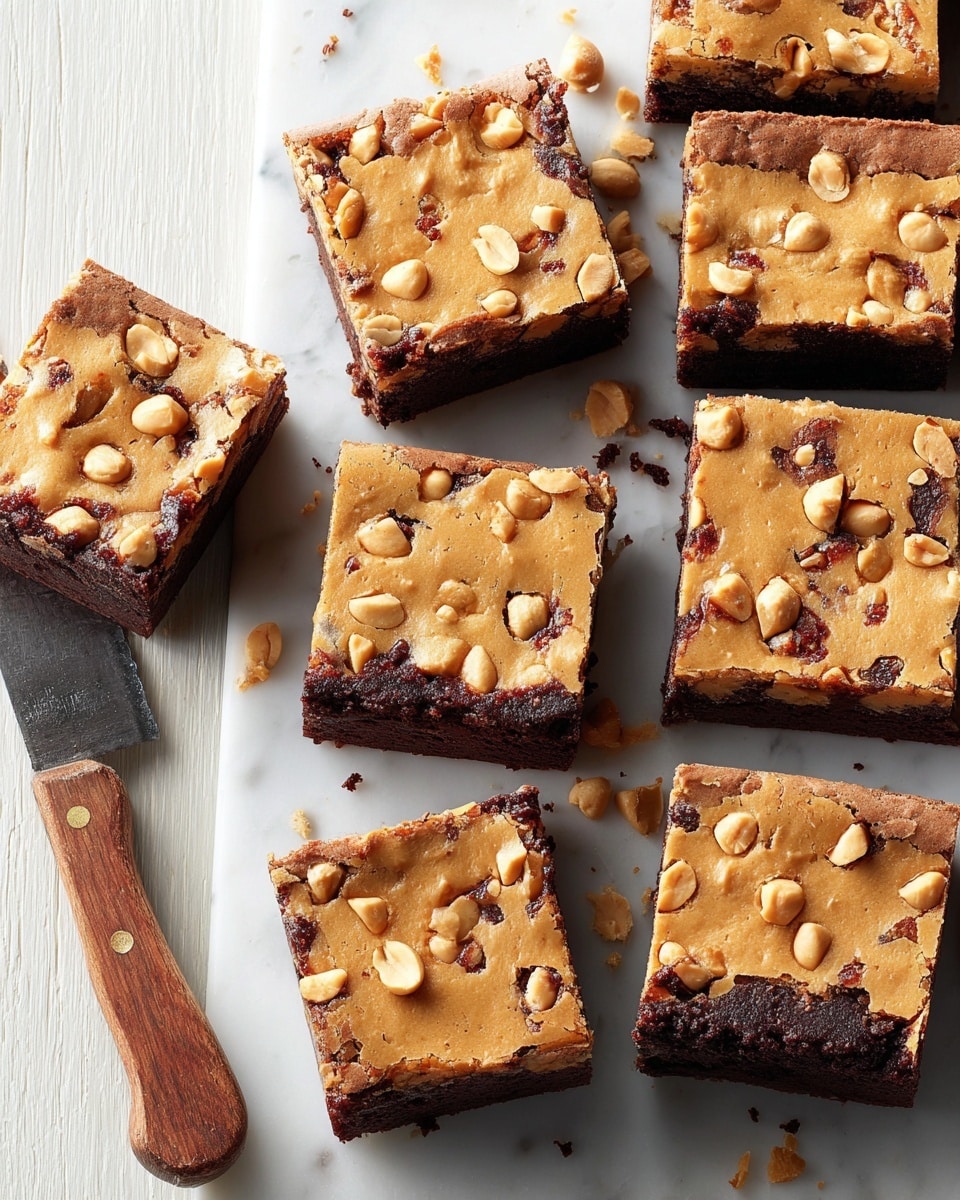 Squares of two-layer brownies are arranged on a white marbled surface. Each piece has a thick dark brown bottom layer that looks moist and rich, topped with a lighter golden-brown layer studded with chunks of peanuts and bits of lighter filling. The top layer is smooth with slightly uneven texture due to peanut pieces scattered across it. Pieces are cut cleanly and some crumbs are visible around them. A wooden-handled knife rests next to the squares. photo taken with an iphone --ar 4:5 --v 7