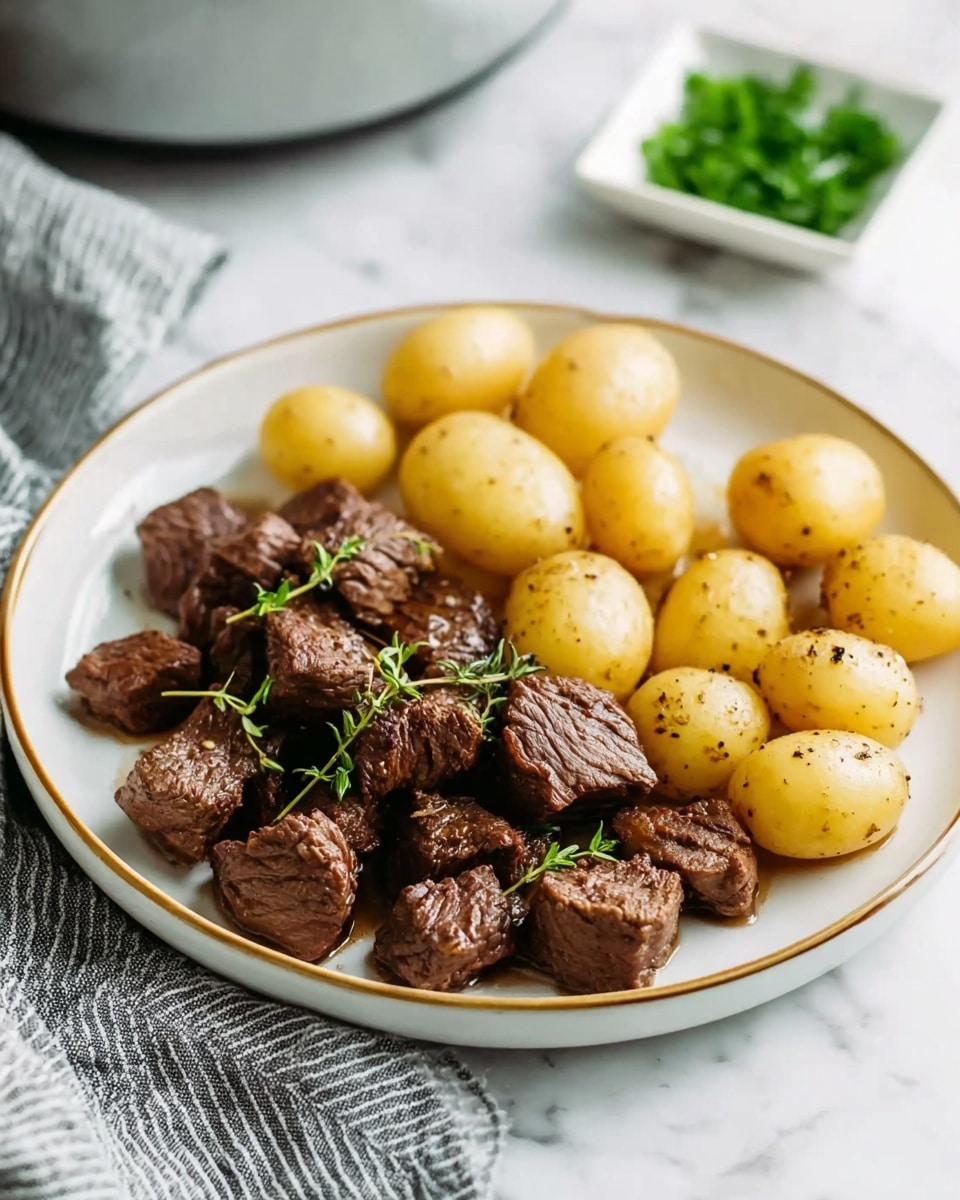 A white round plate shows a simple meal with two main parts: on the left and center are dark brown beef chunks with a slightly rough texture, looking tender, and scattered fresh green thyme leaves on top for garnish; on the right side are several small, light golden-yellow whole baby potatoes with a smooth, slightly shiny surface, some showing a few brown spots from cooking. The plate sits on a white marbled texture surface, and a silver pot and a white dish of chopped green herbs are blurred in the background. photo taken with an iphone --ar 4:5 --v 7
