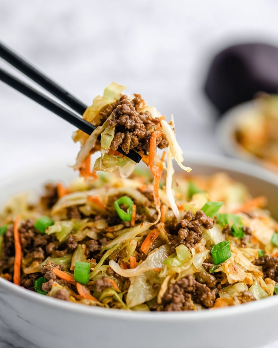 A close-up view of a white bowl filled with a stir-fried dish showing three main layers: the base layer consists of light brown minced meat with a crumbly texture, the middle layer is made up of thinly sliced, cooked cabbage that is light yellow and slightly translucent, and the top layer has bright orange carrot strips and small pieces of green onions scattered evenly. Above the bowl, black chopsticks hold a bite-sized mixture of all the layers with the soft, juicy texture of the meat and vegetables clearly visible against a white marbled surface in the background. Photo taken with an iphone --ar 4:5 --v 7