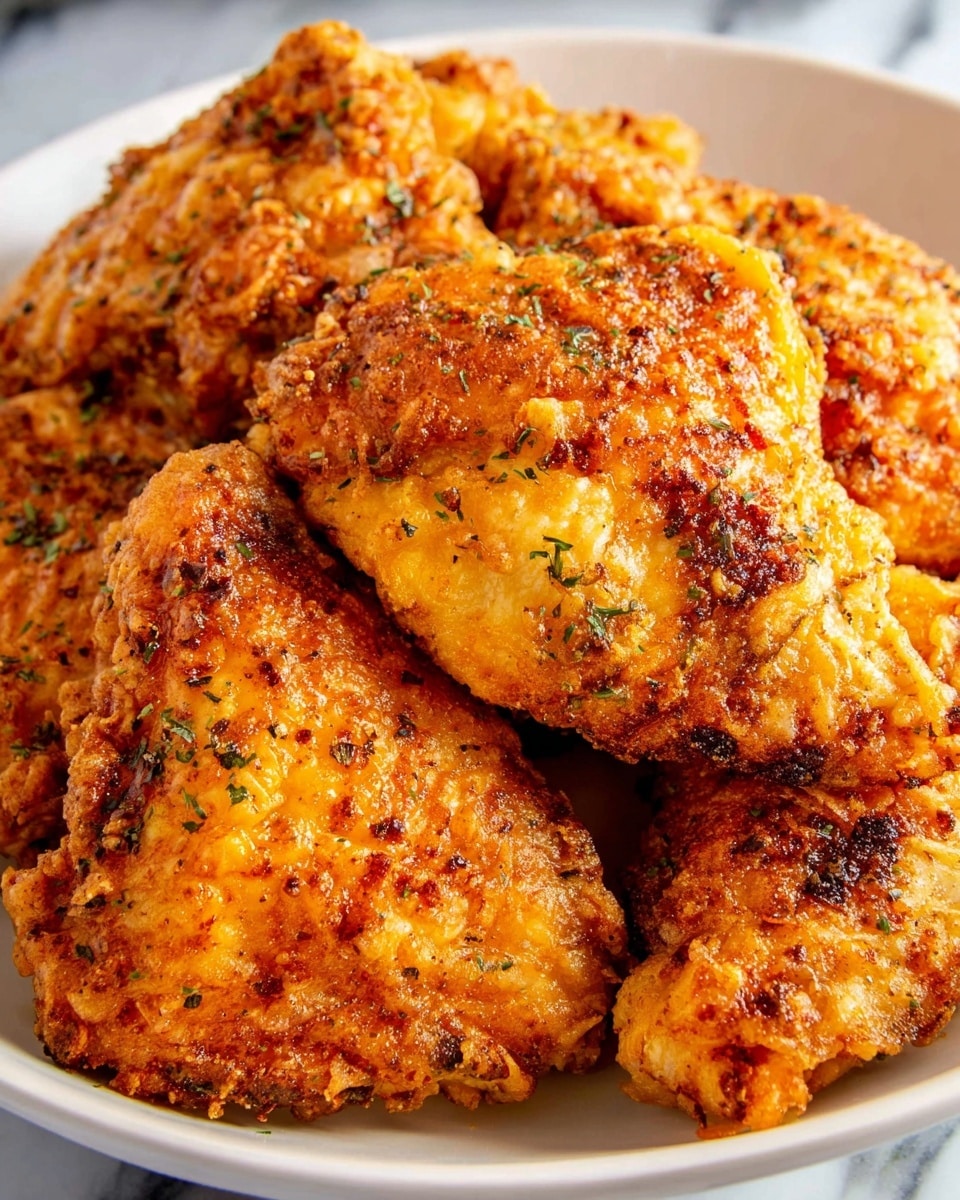 A white bowl filled with large pieces of golden-brown fried chicken, each piece showing a crispy and slightly oily texture. The chicken has a warm orange-yellow color with reddish seasoning specks and green herb flakes scattered on the surface. The pieces are piled closely together, showing a crunchy crust with some darker spots where the frying is more intense. The detailed texture highlights the crispy batter with a rough and spiced finish. The bowl sits on a white marbled surface. photo taken with an iphone --ar 4:5 --v 7
