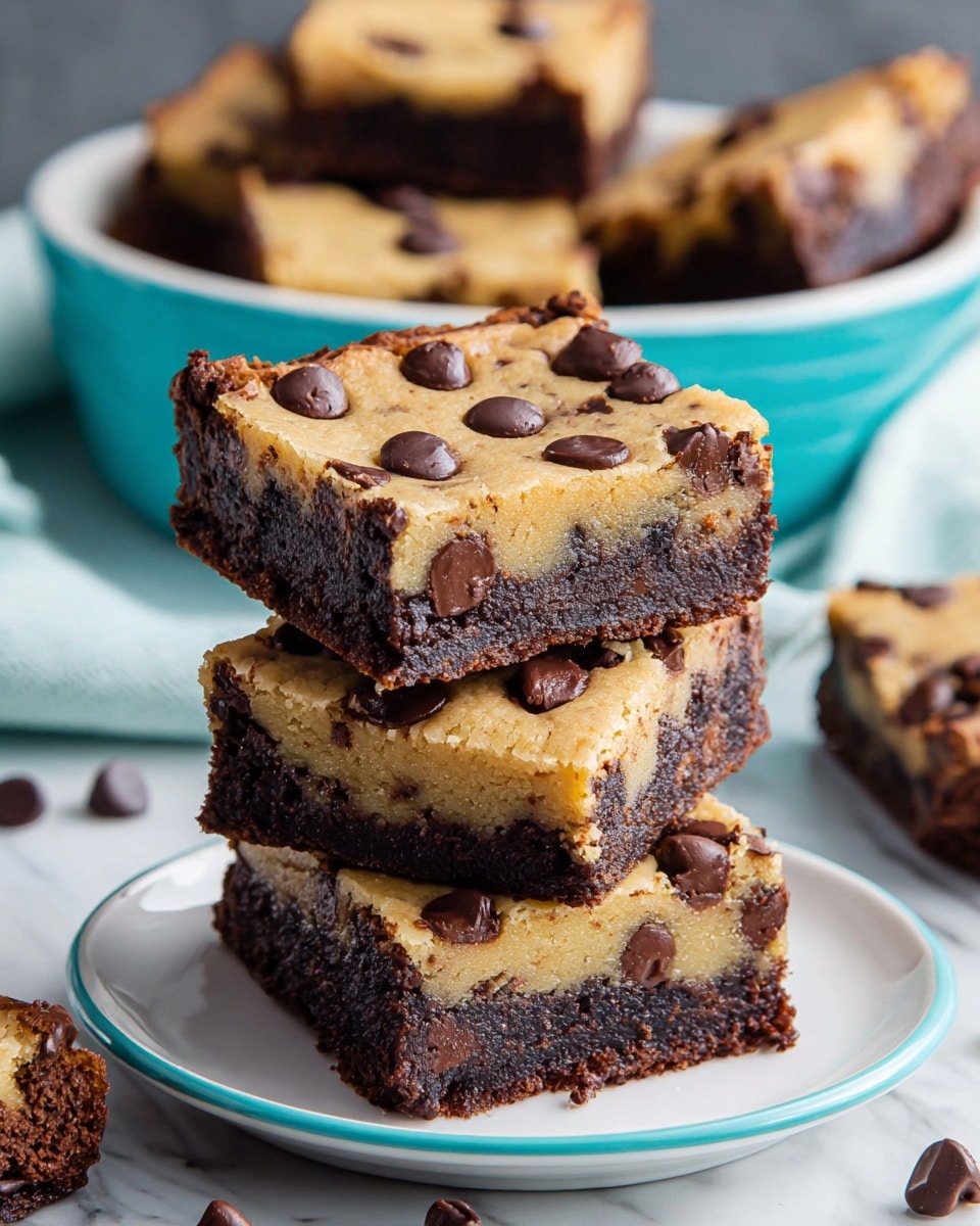 The image shows a stack of four thick, square dessert bars on a white plate with a white marbled surface underneath. Each bar has two layers: a bottom dark brown, fudgy chocolate brownie layer with a dense texture, and a top light golden brown cookie dough layer dotted with shiny chocolate chips. The dessert bars are cut cleanly, revealing the clear separation of the two layers. Around the plate, loose chocolate chips and a broken piece of the dessert bar with visible gooey chocolate and cookie dough parts add a casual feel. In the background, there is a white bowl filled with more pieces of the dessert, partially out of focus. Photo taken with an iphone --ar 4:5 --v 7