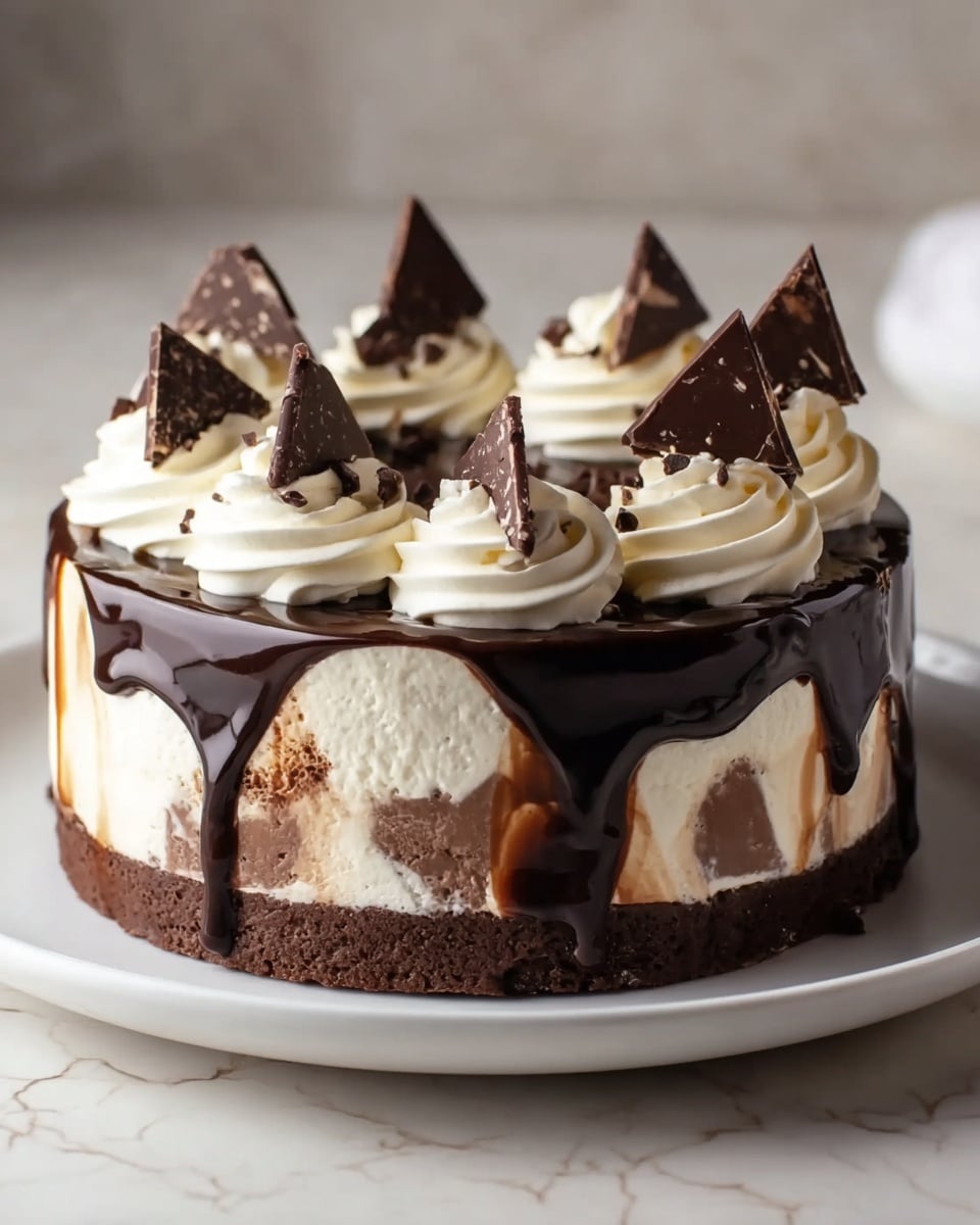The image shows a round ice cream cake with three visible layers: a dark chocolate base layer, a middle layer mixed with light and dark brown swirls, and a top cream layer covered with glossy dark chocolate dripping down the sides. On top, there are six large swirls of white whipped cream, each decorated with a dark chocolate triangular piece in the center and some small chocolate sprinkles. The cake is placed on a white plate on a white marbled surface with blurred chocolate bars in the background. photo taken with an iphone --ar 4:5 --v 7