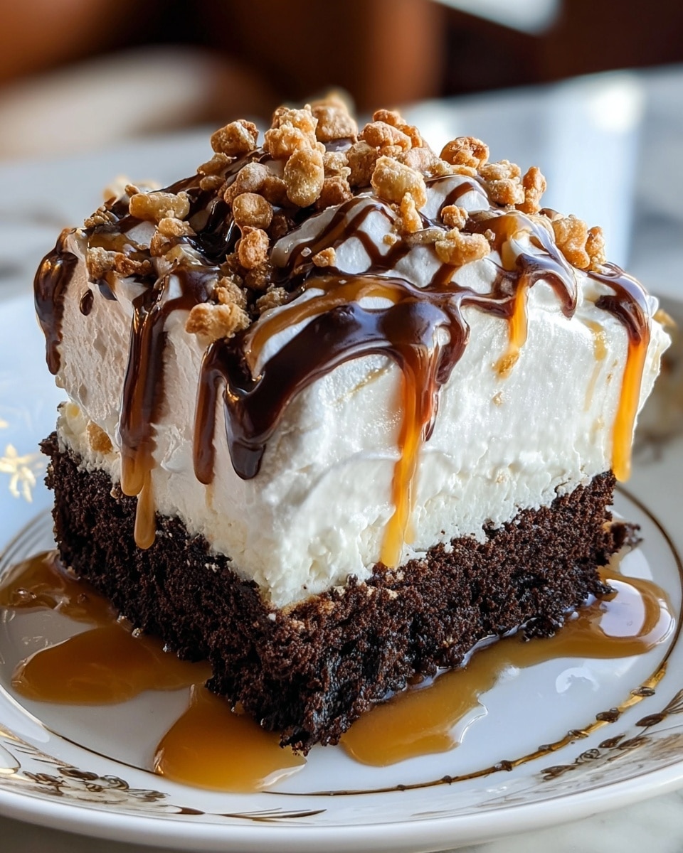 A thick slice of three-layer dessert sits on a white plate with gold designs. The bottom layer is dark and crumbly chocolate cake, followed by a smooth white cream layer. On top, a fluffy white whipped cream layer is thickly spread. The top of the dessert has small light brown crunchy pieces, drizzled with dark chocolate and golden caramel sauces that spill over the edges and pool around the base. The setting is on a white marbled surface with warm lighting. photo taken with an iphone --ar 4:5 --v 7