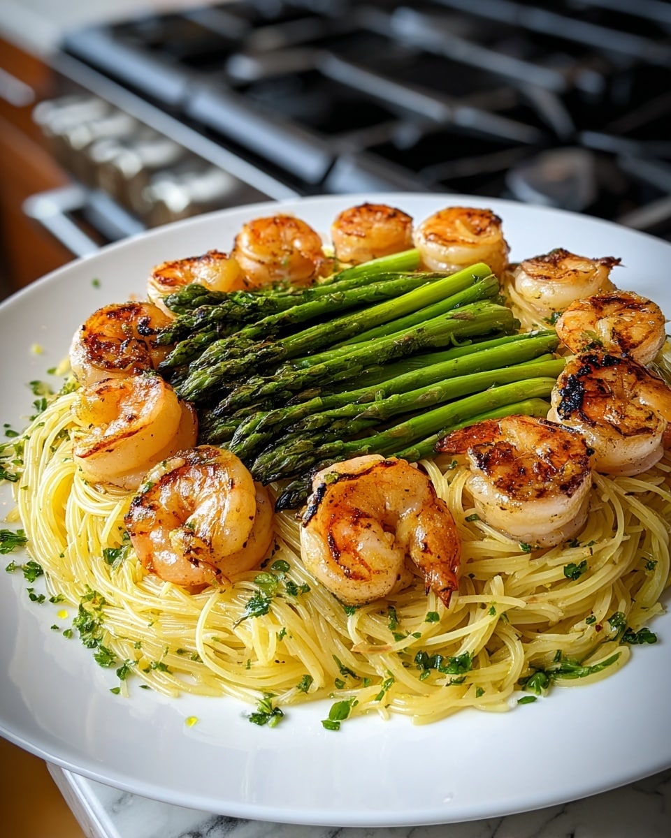 A white plate holds a dish with three main layers. The bottom layer is a bed of thin yellow spaghetti pasta, lightly glossy and sprinkled with small green herb pieces. On top of the pasta, there is a circle of plump, juicy shrimp that are pinkish with light char marks and bits of green herbs scattered on them. The final top layer is a neat row of bright green asparagus spears, slightly charred and glistening, placed horizontally across the center of the shrimp. The plate sits on a white marbled surface. photo taken with an iphone --ar 4:5 --v 7