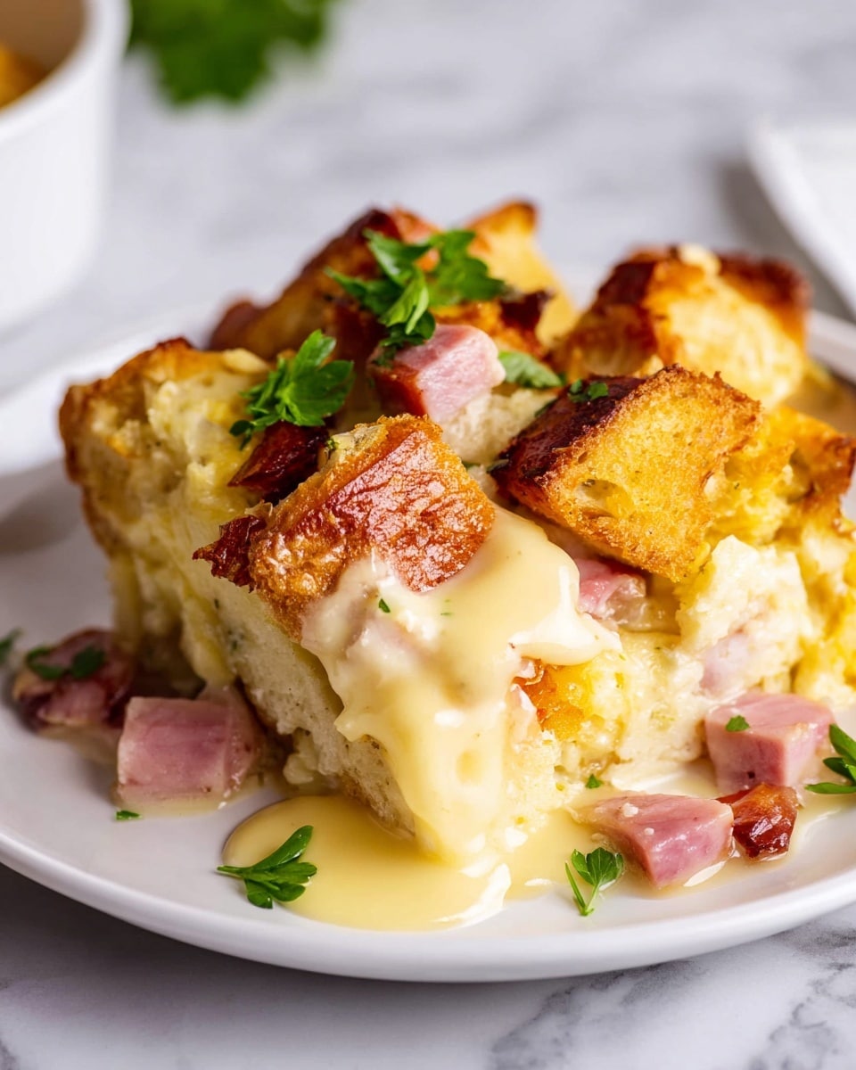 A close-up of a layered breakfast casserole on a white plate set on a white marbled texture, showing about three layers: crispy golden-brown bread chunks on top with soft, creamy light yellow egg custard soaked underneath, pieces of pinkish-red ham are scattered through the custard, and green herbs sprinkled on top add fresh color. The texture looks soft and gooey, with some roasted edges on the bread pieces. Photo taken with an iphone --ar 4:5 --v 7