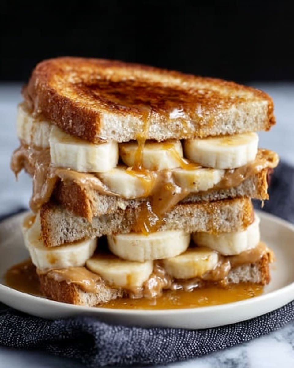 The image shows a sandwich made of two toasted bread slices with a golden brown color, filled with two layers of banana slices that are pale yellow and soft in texture. Between the banana layers, there is a thick spread of peanut butter that looks creamy and slightly glossy. The sandwich is placed on a white plate with a dark cloth underneath, and some of the peanut butter and banana are slightly visible around the edges. The background is a white marbled surface. Photo taken with an iphone --ar 4:5 --v 7