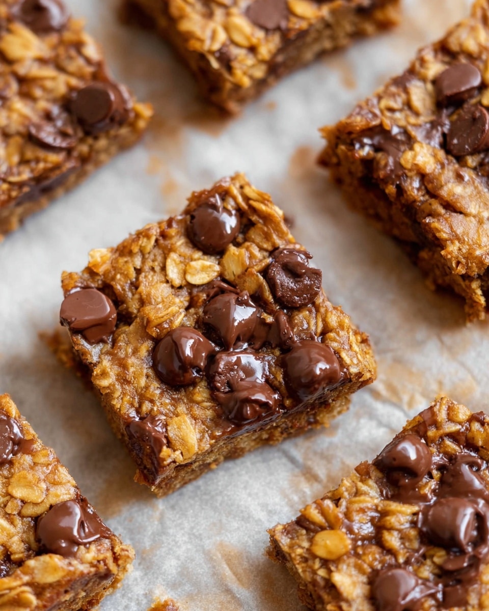 The image shows several square bars of oatmeal chocolate chip baked treats on parchment paper. Each bar has one textured layer made of golden-brown oats with melted dark chocolate chips scattered and partially sunk into the surface. The oats are large and rough, while the melted chocolate is smooth and glossy. The bars look soft and moist with some slightly darker, caramelized spots. The background is a white marbled texture. Photo taken with an iphone --ar 4:5 --v 7