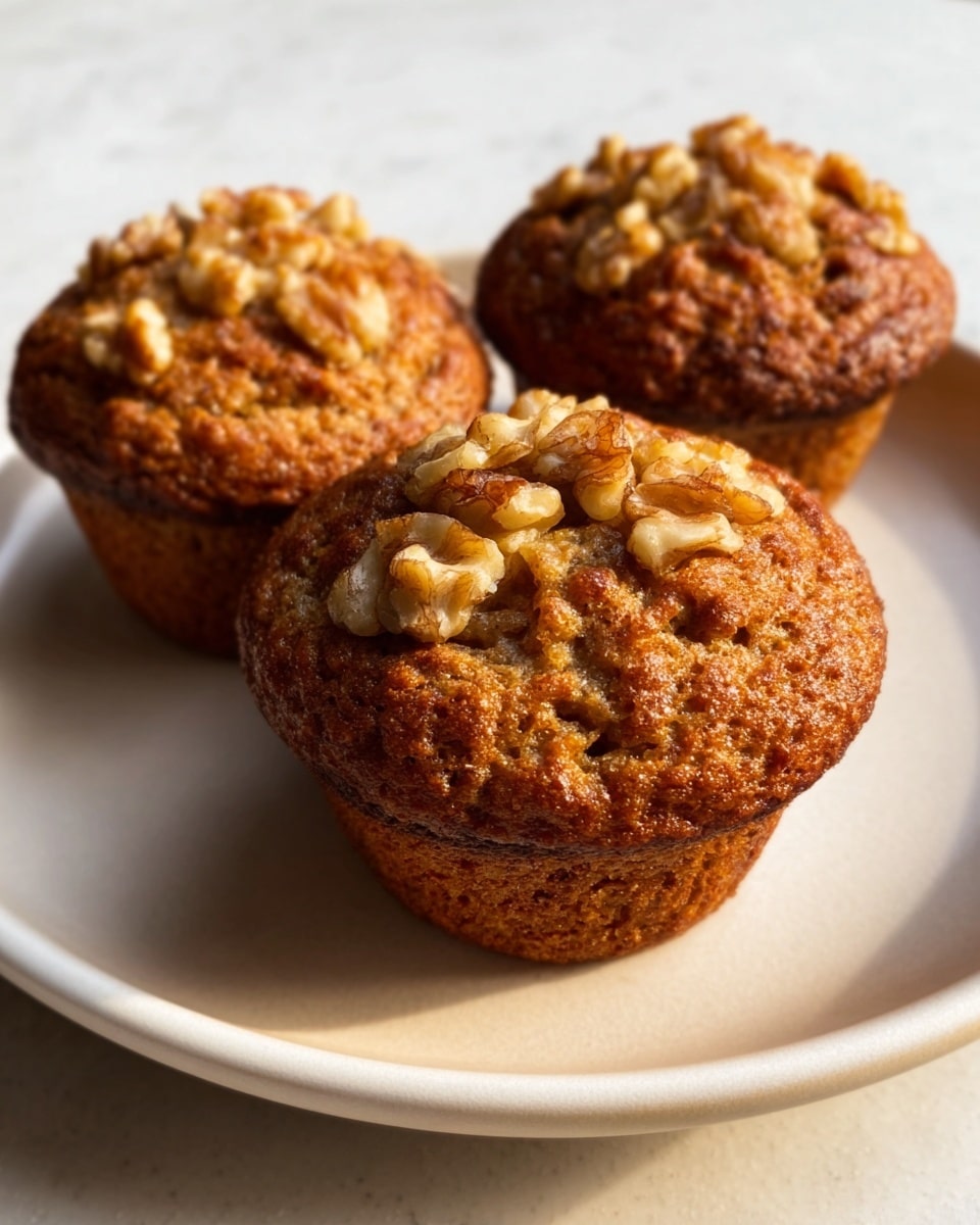 Three golden brown muffins with a rough top texture show small nut pieces baked inside the top layer, each placed closely on a plain white plate. The muffins have a soft crumb with a slightly darker crust around the sides, and the plate sits on a white marbled surface. The lighting highlights the warm tones and gives the muffins a fresh, home-baked look. photo taken with an iphone --ar 4:5 --v 7
