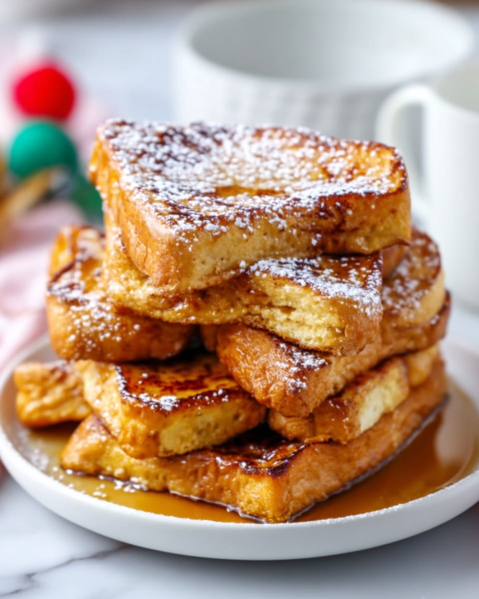 A stack of thick golden-brown French toast pieces are piled on a white plate, each piece showing a crispy texture with a light sprinkle of powdered sugar on top. The toast edges are slightly darker, showing a caramelized finish, while the inside looks soft and fluffy. The plate sits on a white marbled surface, with a blurred background that has a white cup and some colorful objects. A woman's hand is gently holding the plate from the side. Photo taken with an iphone --ar 4:5 --v 7