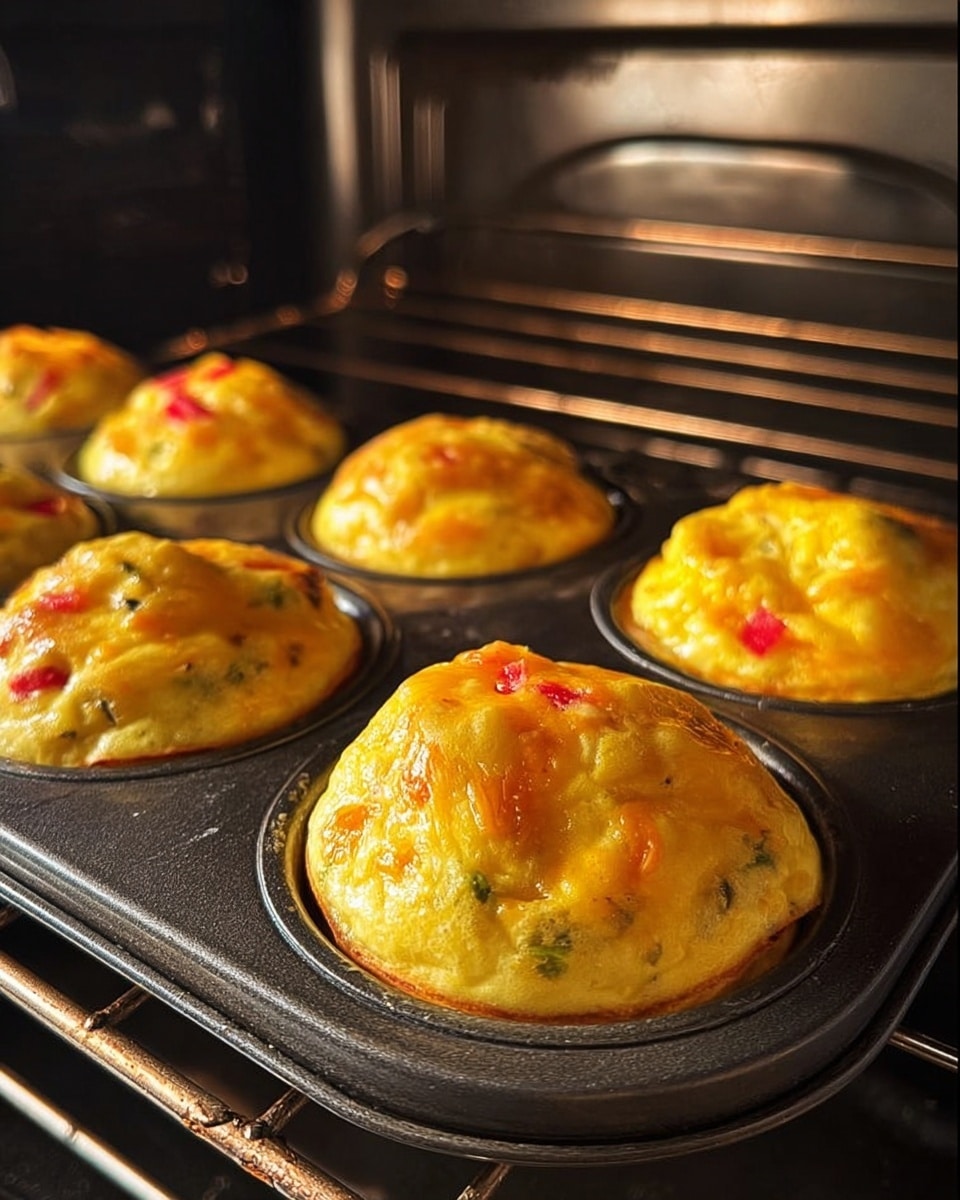 Six golden egg muffins rise in a black metal muffin tray inside an oven. Each muffin dome is bright yellow with hints of melted cheese on top, showing small red and green vegetable pieces embedded inside. The muffins have smooth, slightly shiny surfaces with soft, rounded tops that poke gently above the tray’s edges. The oven’s warm light highlights the texture, with dark metal racks and the oven's shiny interior forming the background. photo taken with an iphone --ar 4:5 --v 7