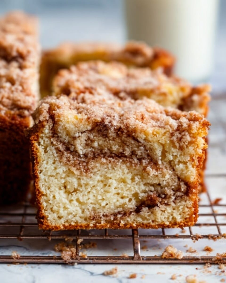 The image shows a close-up of a sliced crumb cake placed on a cooling rack. The cake has three main layers: the bottom layer is a light beige, soft-looking cake; the middle layer is filled with a cinnamon swirl of darker brown that looks moist and slightly gooey; the top layer is a crumbly, golden-brown streusel with a sandy texture and small clusters spread evenly. The background is a white marbled surface, and a glass of milk is faintly visible behind the cake. Photo taken with an iphone --ar 4:5 --v 7