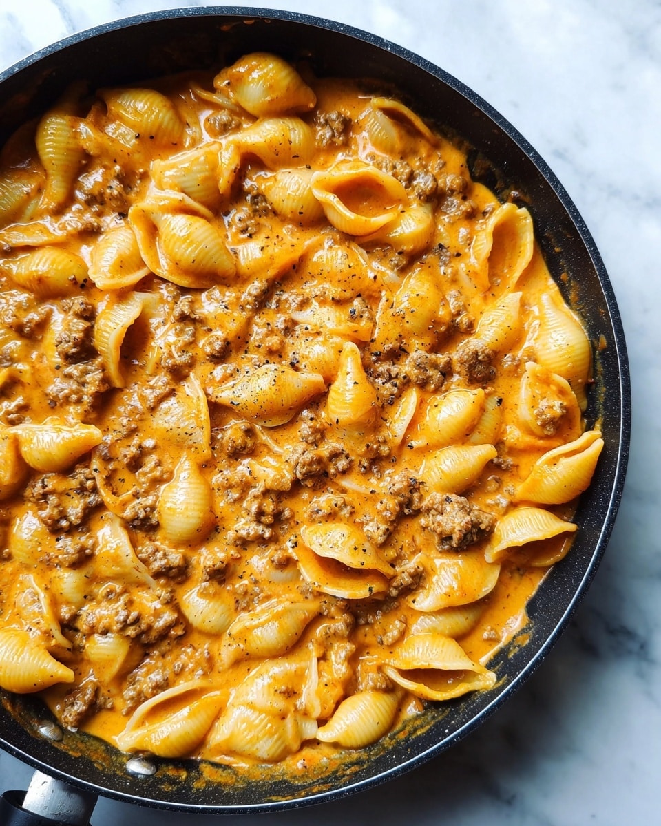 A black pan filled with shell pasta cooked in a thick, creamy orange-colored sauce. Mixed throughout are small pieces of browned ground meat, and the dish is sprinkled with cracked black pepper. The pasta shells are coated well with the sauce and appear tender, layered evenly throughout the pan against a white marbled surface. Photo taken with an iphone --ar 4:5 --v 7