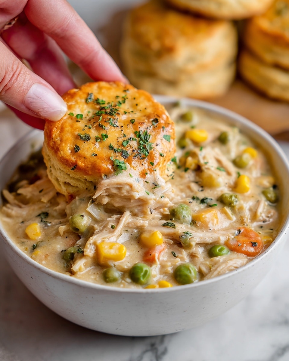A close-up shot of a white bowl filled with thick creamy chicken and vegetable stew, showing chunks of shredded chicken, green peas, yellow corn, and orange carrot pieces mixed in a light beige sauce. A golden brown biscuit is being held by a woman's hand, dipped halfway into the stew and topped with some of the creamy mixture and small green herb sprinkles. In the blurred background, there are more golden biscuits stacked. The surface underneath has a white marbled texture. photo taken with an iphone --ar 4:5 --v 7
