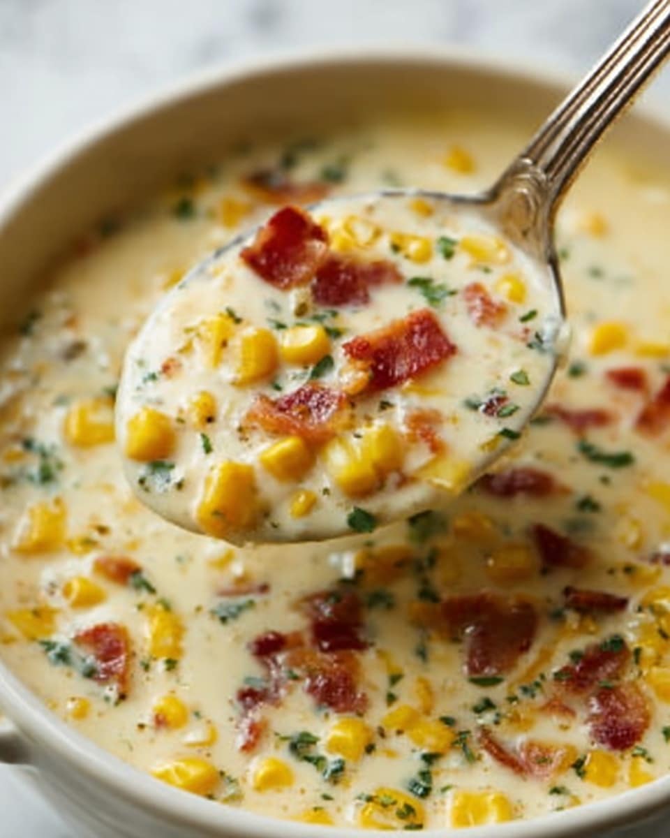 A close-up of a spoonful of creamy soup filled with yellow corn kernels and small pieces of red bacon floating in a thick white liquid. The soup has green herbs sprinkled throughout, adding small green spots to the creamy texture. The spoon is lifted above the bowl, showing shiny, smooth, and rich cream with a mix of soft and slightly chunky ingredients. The background has a white marbled texture. Photo taken with an iphone --ar 4:5 --v 7