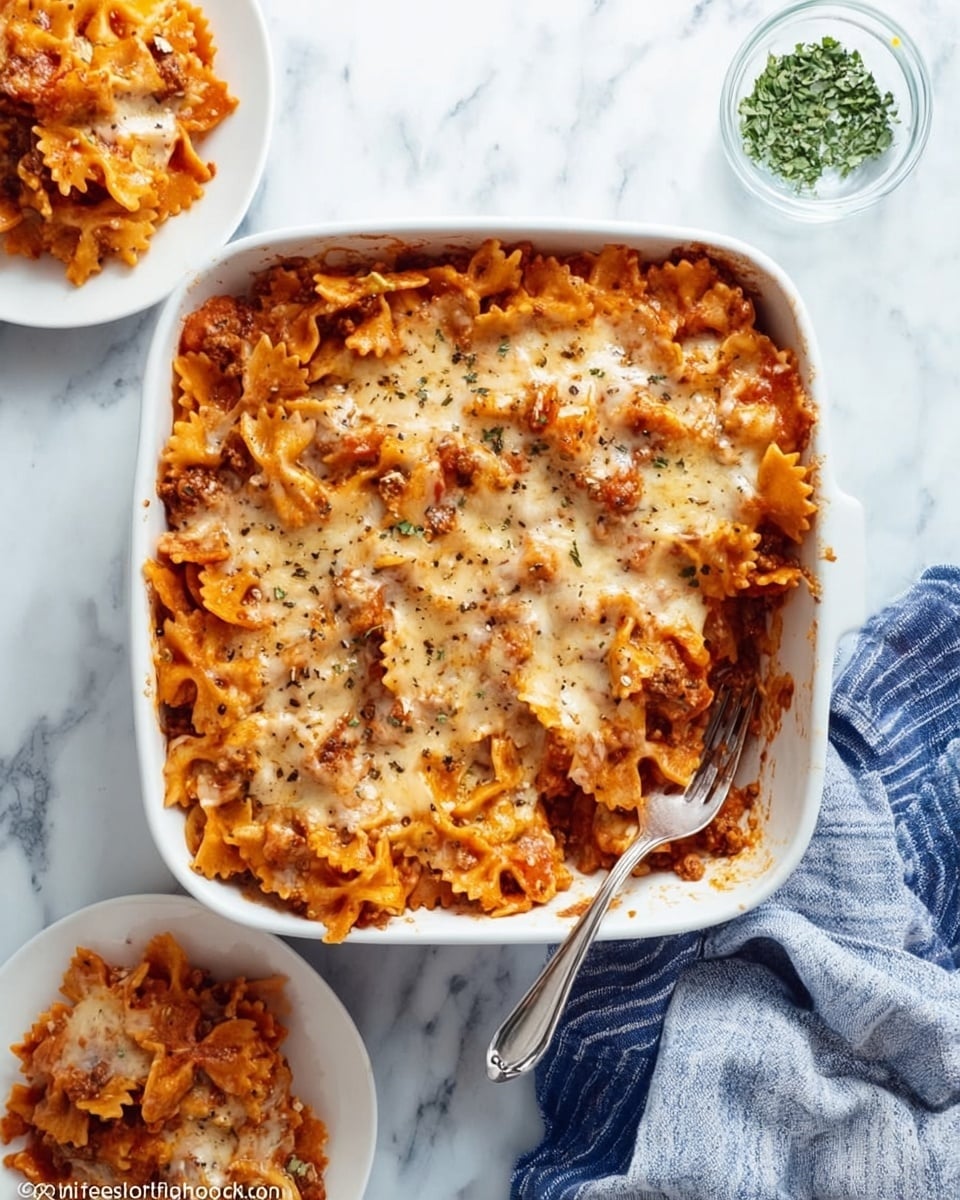 The image shows a white square baking dish filled with a baked pasta casserole with three visible layers: the bottom layer is a red-orange tomato sauce with pasta, the middle layer has bowtie pasta mixed with a light brown meat sauce, and the top layer is melted white cheese sprinkled lightly with black pepper. A portion has been scooped out and served on a white round plate above the dish, showing the colorful layers of pasta, sauce, and cheese. A fork is placed on the plate, and a small glass bowl with green herbs sits nearby on the white marbled surface. A striped blue and white cloth napkin is folded next to the dish. A silver spoon with some sauce rests near the bottom edge. The photo taken with an iphone --ar 4:5 --v 7