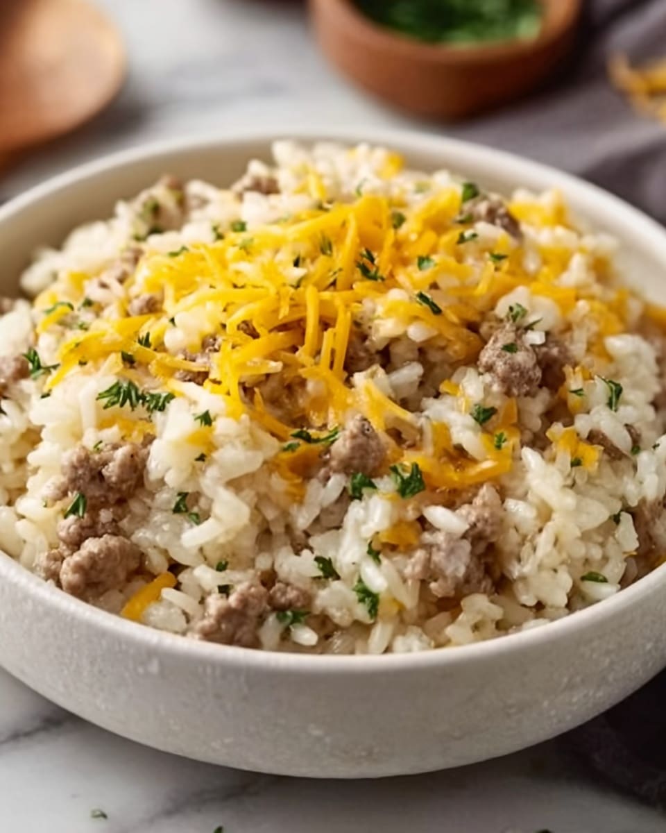 A close-up view of a bowl filled with a creamy rice dish that has visible small pieces of cooked ground meat mixed throughout. The rice is white and soft, topped with a layer of shredded yellow cheddar cheese and small green herb bits, likely parsley, scattered on top for color. The bowl itself is white, placed on a white marbled surface, and you can see part of the background blurred slightly with another small bowl in the upper right corner. photo taken with an iphone --ar 4:5 --v 7