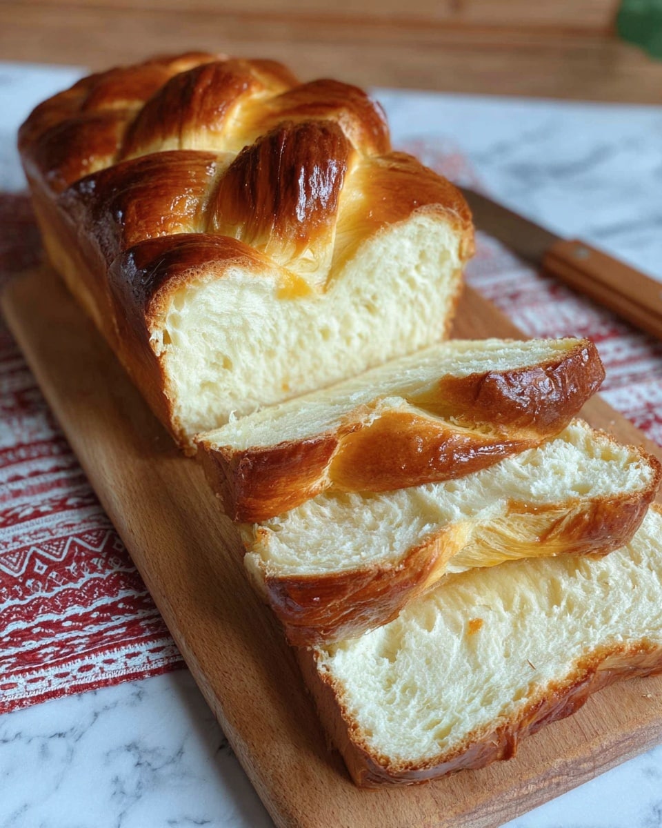 The image shows a golden, braided loaf of bread placed on a wooden board, with three thick slices cut from it. The top layer of the bread is shiny and brown with a braided texture that looks soft and fluffy inside. The slices reveal a creamy white inner part with a smooth and slightly dense texture. The bread's crust is darker at the bottom, contrasting with the light cream color of the inside, and the whole setup is on a white marbled surface with a hint of a red and white cloth beneath the board. Photo taken with an iphone --ar 4:5 --v 7