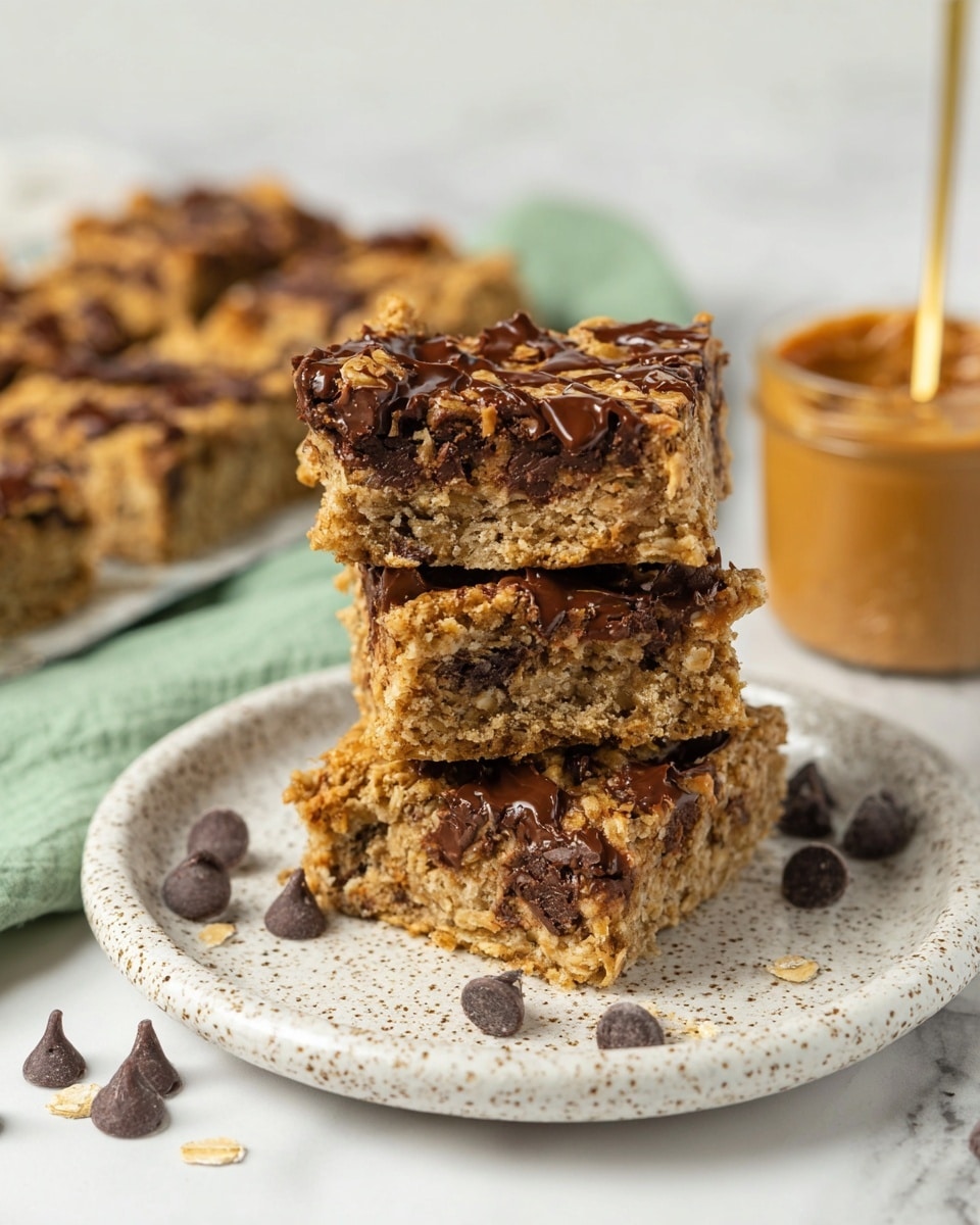 The image shows a stack of three oat and chocolate chip bars on a white speckled plate. Each bar has a rough texture with visible oats and melted chocolate chips throughout. The bars are a light brown color with darker brown spots of melted chocolate, topped with a few whole chocolate chips. Around the plate, there are scattered chocolate chips and more oat bars, some partially blurred. In the background, there is a blurred pale green glass and a white container with a creamy peanut butter spread and a small golden spoon resting on top. The setup is on a white marbled surface with a green cloth napkin partially visible in the lower right corner. Photo taken with an iphone --ar 4:5 --v 7