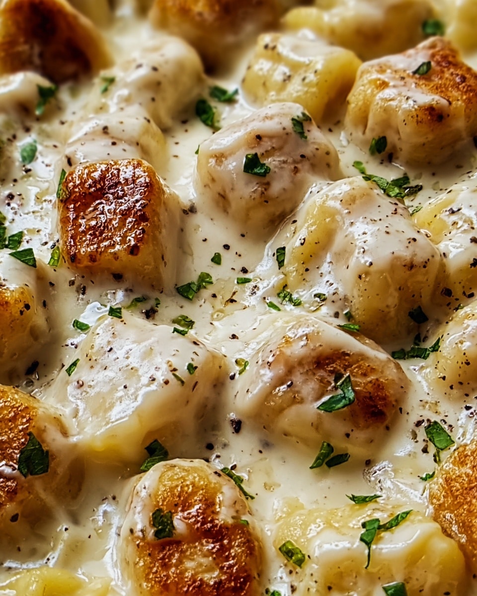 The image shows a close-up view of several small, golden-brown meatballs that are covered with a thick layer of creamy white cheese sauce. The cheese sauce looks melted and smooth, slightly stringy as it stretches over the meatballs. The meatballs have a crispy, browned surface with tiny black pepper specks visible on top. Fresh chopped green herbs are scattered around, adding contrast to the creamy white and golden colors. The dish rests on a white marbled surface. photo taken with an iphone --ar 4:5 --v 7
