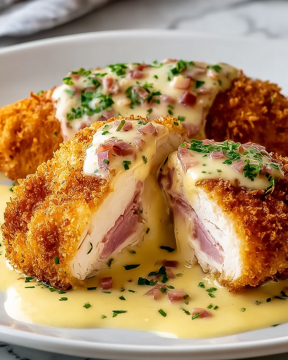 A close-up of a white plate holding slices of golden-brown breaded chicken breasts filled with a layer of pink ham in the middle, covered by a thick creamy white sauce with small green herb pieces and bits of ham on top and around the chicken. The chicken’s crispy texture contrasts with the smooth sauce, and the white marbled surface is lightly visible around the plate edges. photo taken with an iphone --ar 4:5 --v 7