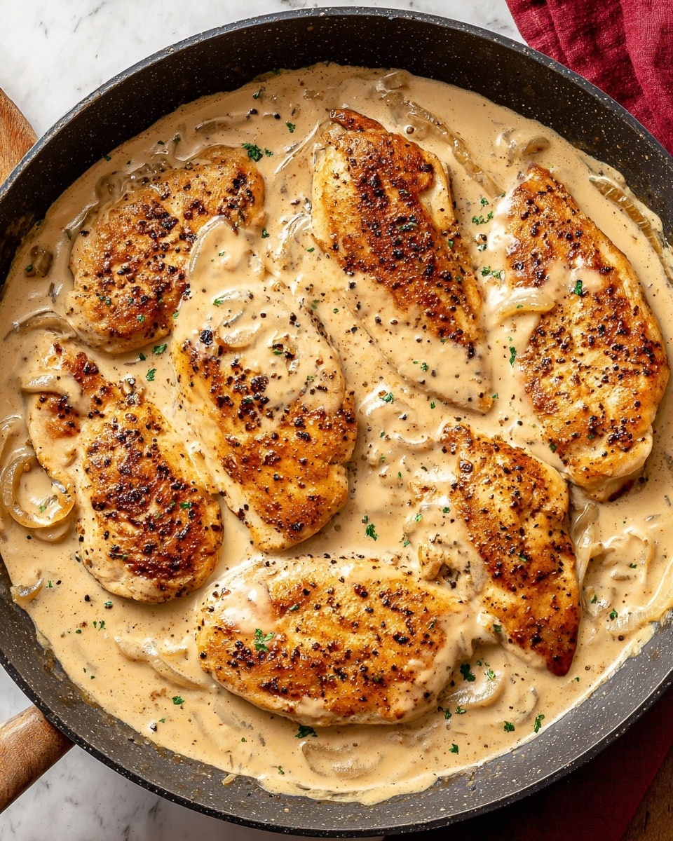 A round black frying pan filled with six golden-brown grilled chicken breasts evenly spread out on the surface. Each chicken breast has a slightly crispy texture with dark grill marks and specks of black pepper on top. The chicken is partially submerged in a thick, creamy beige sauce with visible slices of softened onions throughout. The sauce has a smooth texture that coats the chicken and pools around the edges of the pan. The pan sits on a white marbled textured surface with part of a wooden plate and a folded red cloth visible nearby. photo taken with an iphone --ar 4:5 --v 7