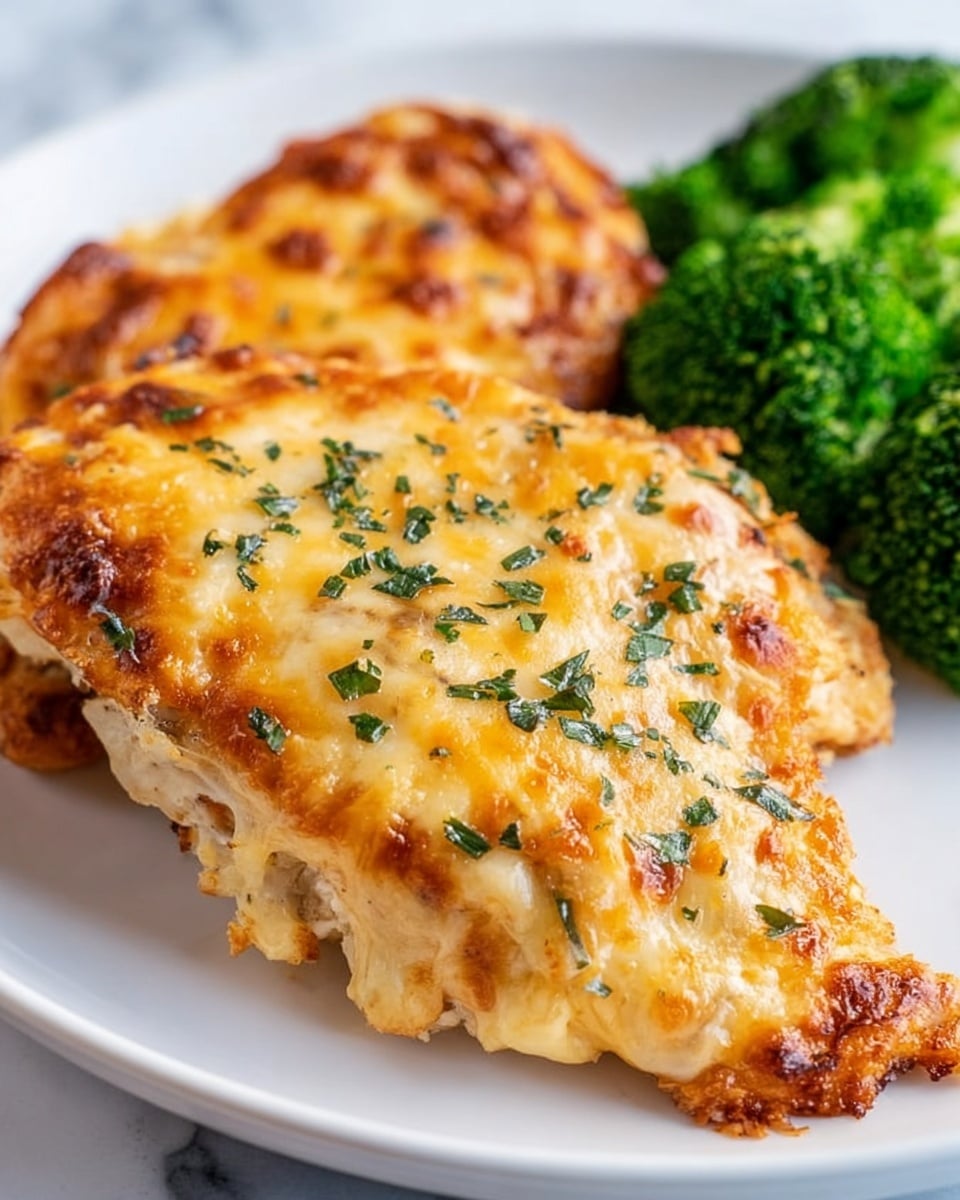 The dish shows two pieces of baked chicken topped with a thick, golden-brown layer of melted cheese and herbs, giving a slightly crispy texture on the surface. The chicken beneath is light brown and tender-looking. The cheese topping is uneven with some darker browned spots and small green herb flakes scattered on top. To the side, there is a small bunch of fresh, bright green broccoli with a textured surface. Everything is served on a white plate, placed on a white marbled background. photo taken with an iphone --ar 4:5 --v 7