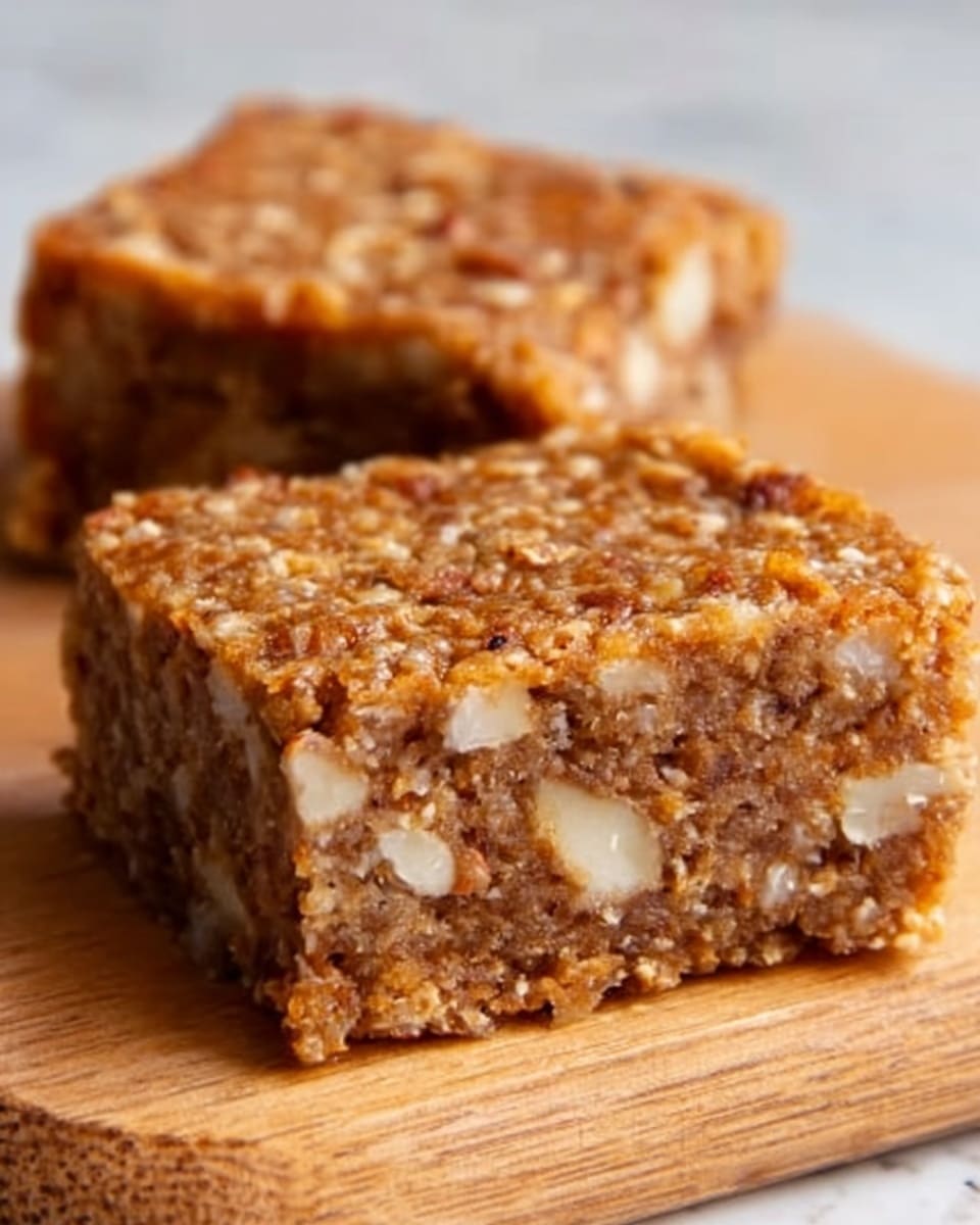The image shows a close-up of a square slice of a nutty, grain-filled cake or bar sitting on a wooden board, with another similar piece blurred in the background. The top layer is golden brown with a crunchy, textured surface made of small nuts and oats. Inside, the cake is dense and moist, with visible large white nut pieces embedded in the soft, light brown cake. The wooden board contrasts with the white marbled background. Photo taken with an iphone --ar 4:5 --v 7