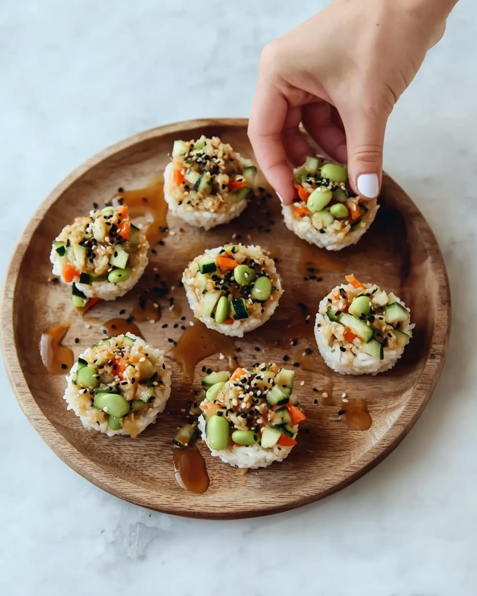 A round wooden tray holds seven small rice cups, each made of white rice molded into a bowl shape with a slightly rough texture. Inside each rice cup is a colorful mix of diced green edamame, orange carrots, and small chunks of darker green cucumber, sprinkled with black sesame seeds. Light brown sauce is drizzled around the rice cups on the wooden tray. A woman's hand with pale skin and light-colored nail polish is gently picking up one of the rice cups. The tray is set on a surface with a white marbled texture. photo taken with an iphone --ar 4:5 --v 7