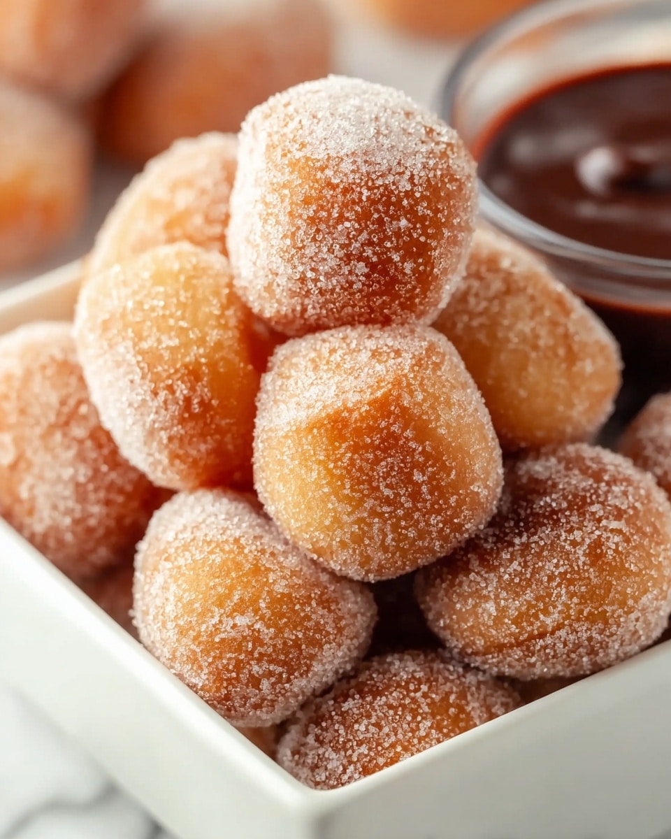 A close-up view of a white rectangular bowl filled with round, golden brown doughnut holes, each coated evenly with fine white sugar crystals that give a sparkling texture. The doughnuts are piled up in layers, with the top layer showing four to five doughnut holes prominently in the foreground, and more stacked beneath. In the background, there is a small bowl with a dark chocolate dipping sauce visible. The entire scene is set on a white marbled surface, giving a clean and bright look. Photo taken with an iphone --ar 4:5 --v 7