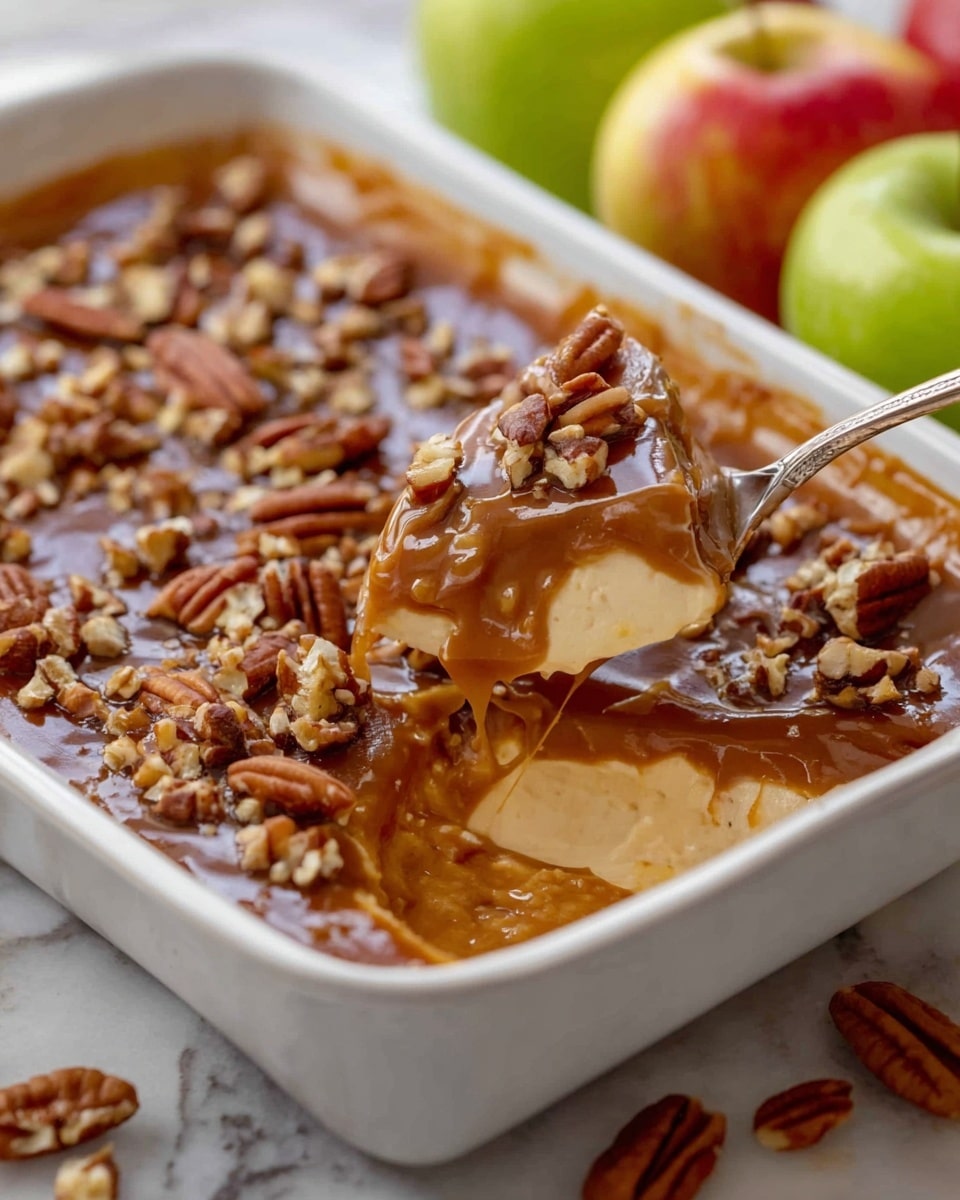 The image shows a white rectangular ceramic baking dish filled with a creamy, layered dessert. The bottom layer appears soft and thick with a light beige color, topped with a rich, glossy caramel sauce that is medium brown in color and sprinkled generously with chopped pecans, creating a textured surface. A spoon scoops into the dessert, revealing the creamy inside mixed with caramel and nut pieces. Around the dish are slices of green and red apples resting on a white marbled surface. Photo taken with an iphone --ar 4:5 --v 7