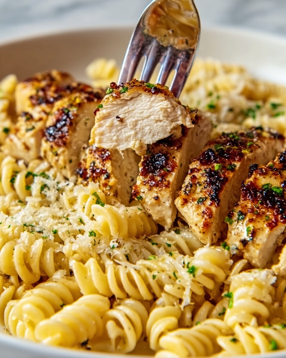A close-up image of a white plate filled with creamy pasta and grilled chicken. The bottom layer shows spiral pasta coated in a pale yellow creamy sauce with a smooth texture. On top, several slices of grilled chicken breast are placed, each slice showing golden-brown grill marks and a slightly crispy, seasoned surface with specks of green herbs. A woman's hand holds a fork lifting a piece of chicken mixed with pasta, showing the creamy sauce dripping slightly. The background is a white marbled surface. Photo taken with an iphone --ar 4:5 --v 7