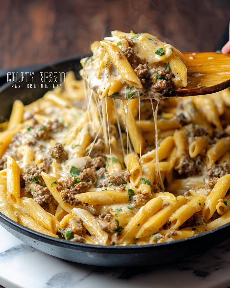 A close-up view of creamy cheesy pasta with ground beef in a black pan, showing three main layers: the yellow penne pasta forming the base with smooth ridged texture, the browned ground beef mixed with green herbs and onions spread throughout, and a melted light yellow cheese layer that stretches and drips as a wooden spatula lifts a portion. The pasta and beef are coated evenly with cheese threads extending down, all set against a white marbled background. Photo taken with an iphone --ar 4:5 --v 7