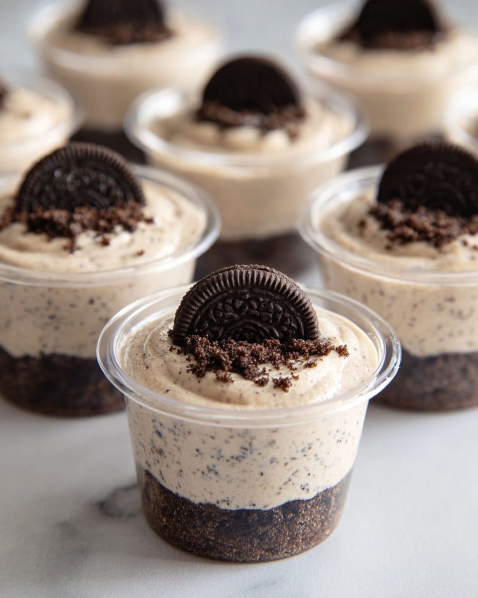 The image shows several small clear plastic cups filled with a two-layer dessert. The bottom layer is dark brown, crumbly, and looks like crushed cookies. The top layer is thick, creamy, and light beige with tiny dark cookie crumbs mixed in. Each cup is topped with one whole small chocolate sandwich cookie. The cups are arranged on a surface with a white marbled texture, giving a clean and simple look. photo taken with an iphone --ar 4:5 --v 7