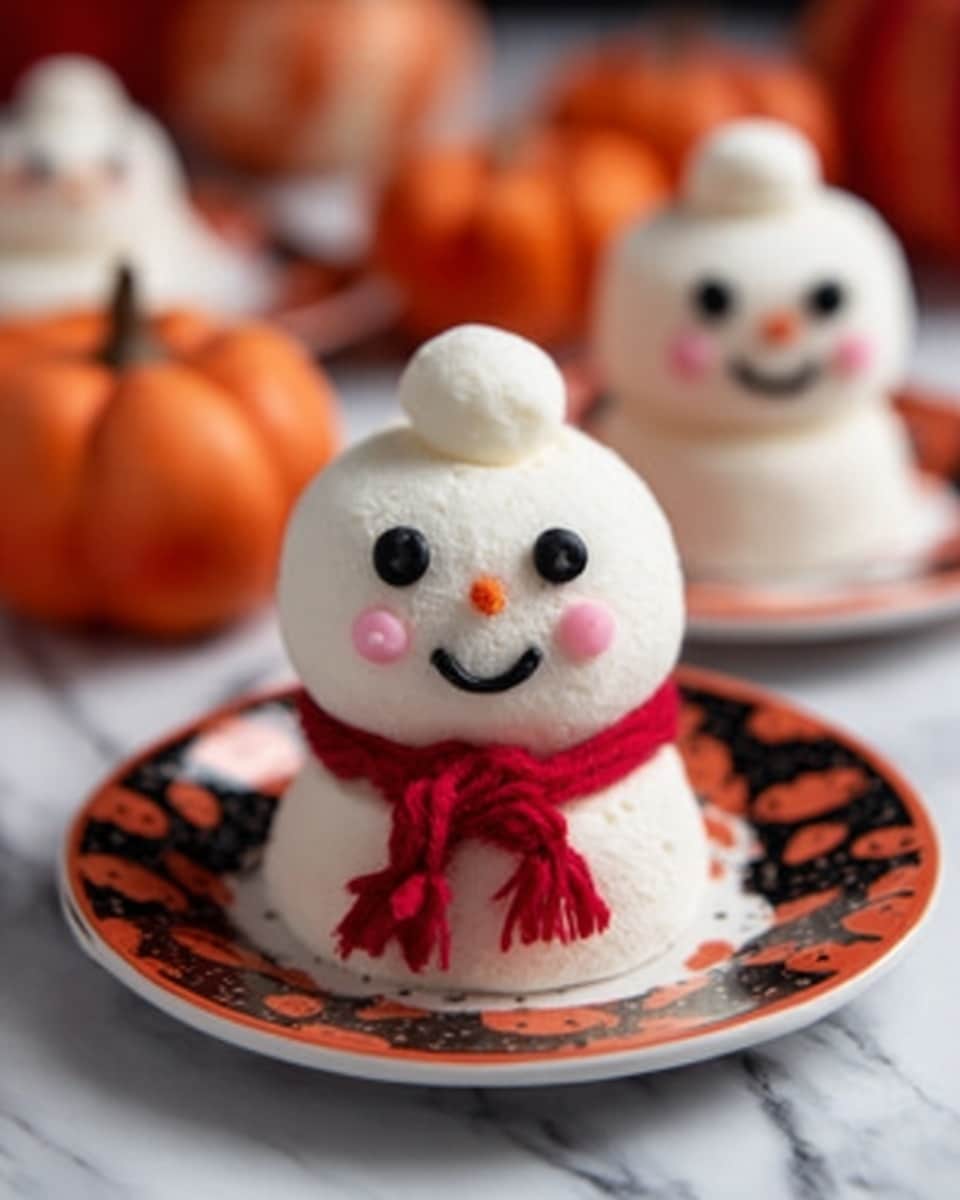 The image shows a small snowman-shaped dessert sitting on a white plate with black and orange Halloween designs. The snowman has two round, white layers stacked to create its body and head, with a small white ball on top as a hat. Its face is decorated with black eyes, long black eyelashes, a smiling red mouth, and pink cheeks. Around its neck is a red icing scarf with a bow. The background surface is a white marbled texture scattered with small orange pumpkins. Photo taken with an iphone --ar 4:5 --v 7