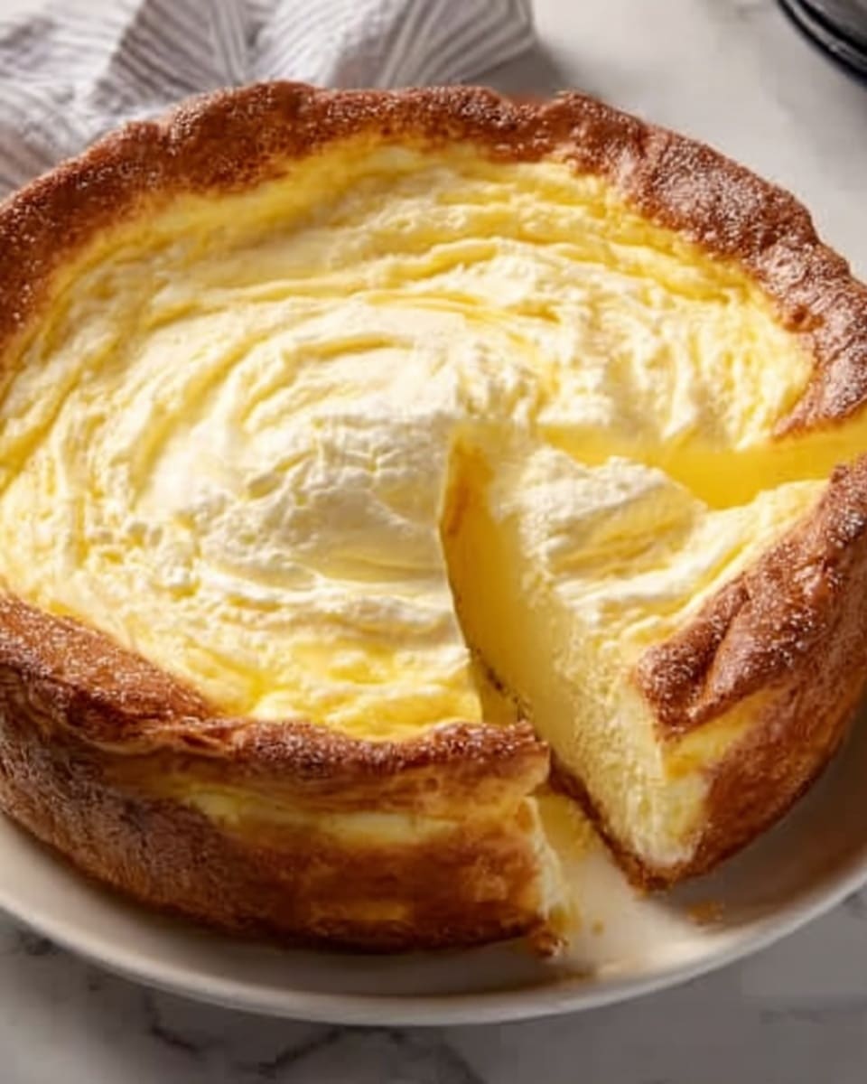 The image shows a close-up of a thick cheesecake with a golden brown crust around the edges and a creamy, smooth, pale yellow top layer that looks soft with small soft peaks and swirls. The cheesecake sits on a white plate that contrasts with the golden crust and creamy filling. The background is a white marbled surface, giving a clean and simple look. Photo taken with an iphone --ar 4:5 --v 7