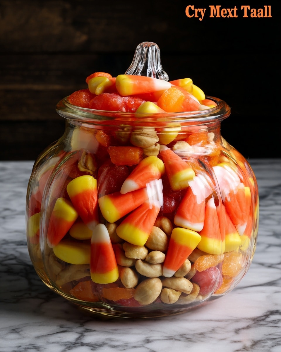 A clear glass jar shaped like a pumpkin is filled to the top with a colorful trail mix. The mix has three main parts: bright orange, yellow, and white candy corn pieces with a smooth, glossy texture; light tan peanuts that are dry and slightly rough; and small candy-coated candies in shades of red, orange, and yellow, with a shiny finish. The jar sits on a white marbled surface, and the background is dark, making the colors pop. The jar has a lid with a stem that adds to the pumpkin look, and the mix layers are evenly mixed together, creating a varied pattern inside the jar. Photo taken with an iphone --ar 4:5 --v 7