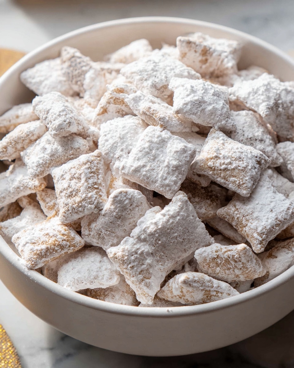 A close-up view of a white bowl filled with square-shaped cereal covered in a thick layer of white powdered sugar. The cereal shows a light brown color under the powder, with some pieces overlapping and creating depth. The bowl sits on a white marbled surface, and the overall tone of the image is soft with natural lighting highlighting the powder’s texture. photo taken with an iphone --ar 4:5 --v 7