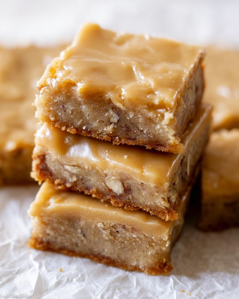 The image shows a close-up of a stack of three square blondie bars on a white marbled textured surface. Each blondie has two visible layers: a thicker bottom layer with a lightly golden-brown crumb texture containing some small nut pieces, and a thinner glossy top layer of smooth caramel-colored glaze. The bars are arranged slightly unevenly, with the top blondie tilted to show its side and side edges that reveal the soft and moist inside. The overall color palette is warm beige and light brown. photo taken with an iphone --ar 4:5 --v 7